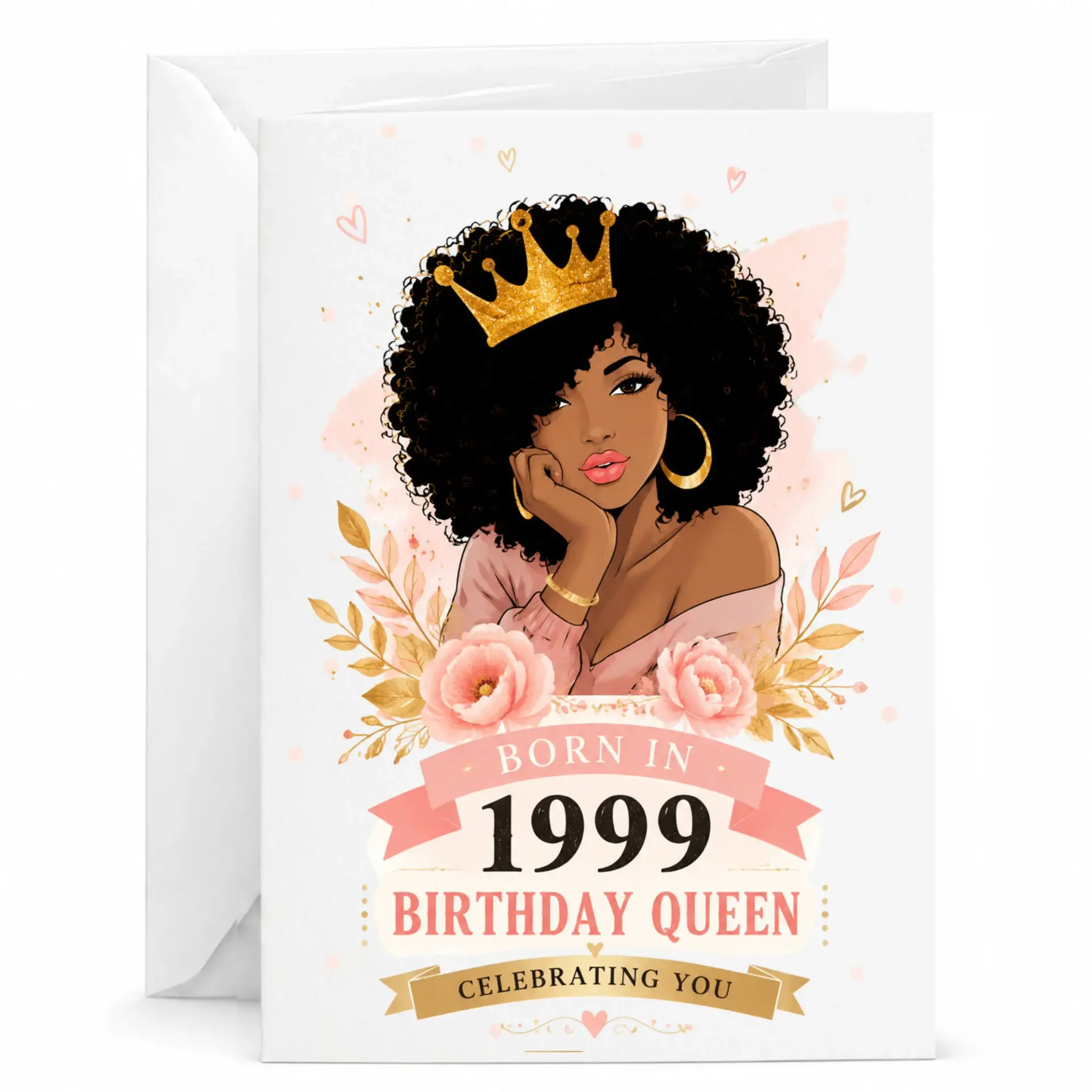 Birthday Card Born in 1999 Birthday Queen Greeting Card with Envelope for Her Elegant Floral Crown Illustration