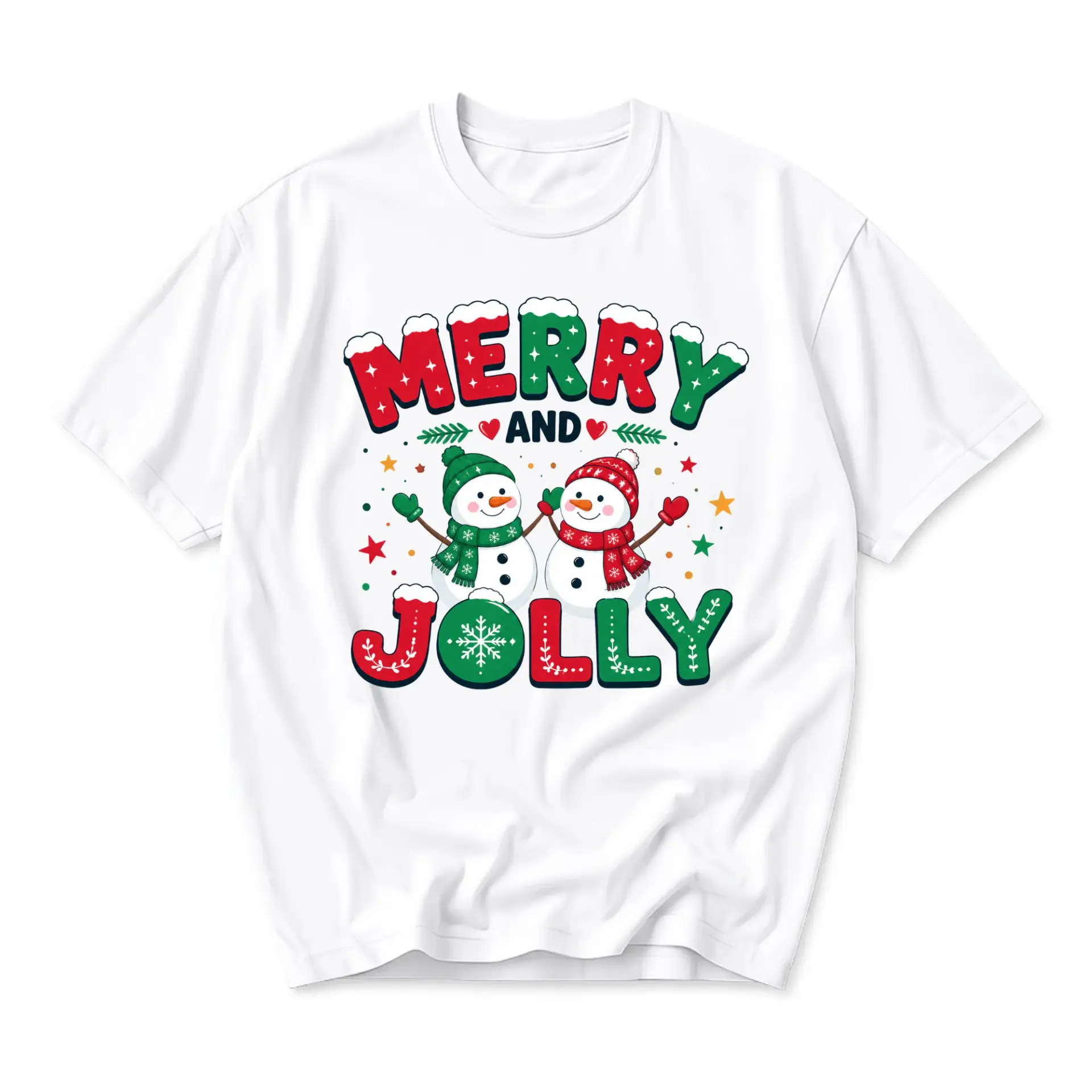 Graphic Tee Merry and Jolly Snowmen Shirt Holiday Festive Unisex Crew Neck