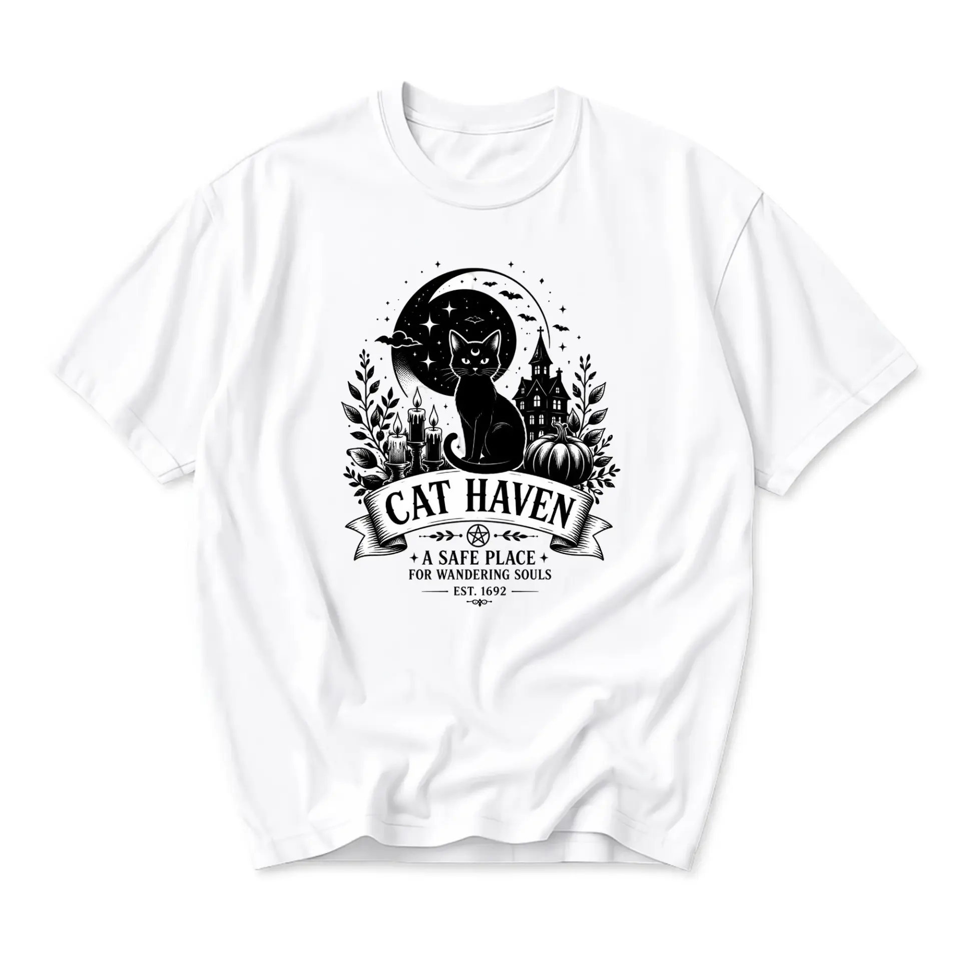 Graphic Tee Cat Haven Mystical Black Cat Illustration Print Unisex Crew Neck Short Sleeve Cotton Casual Apparel