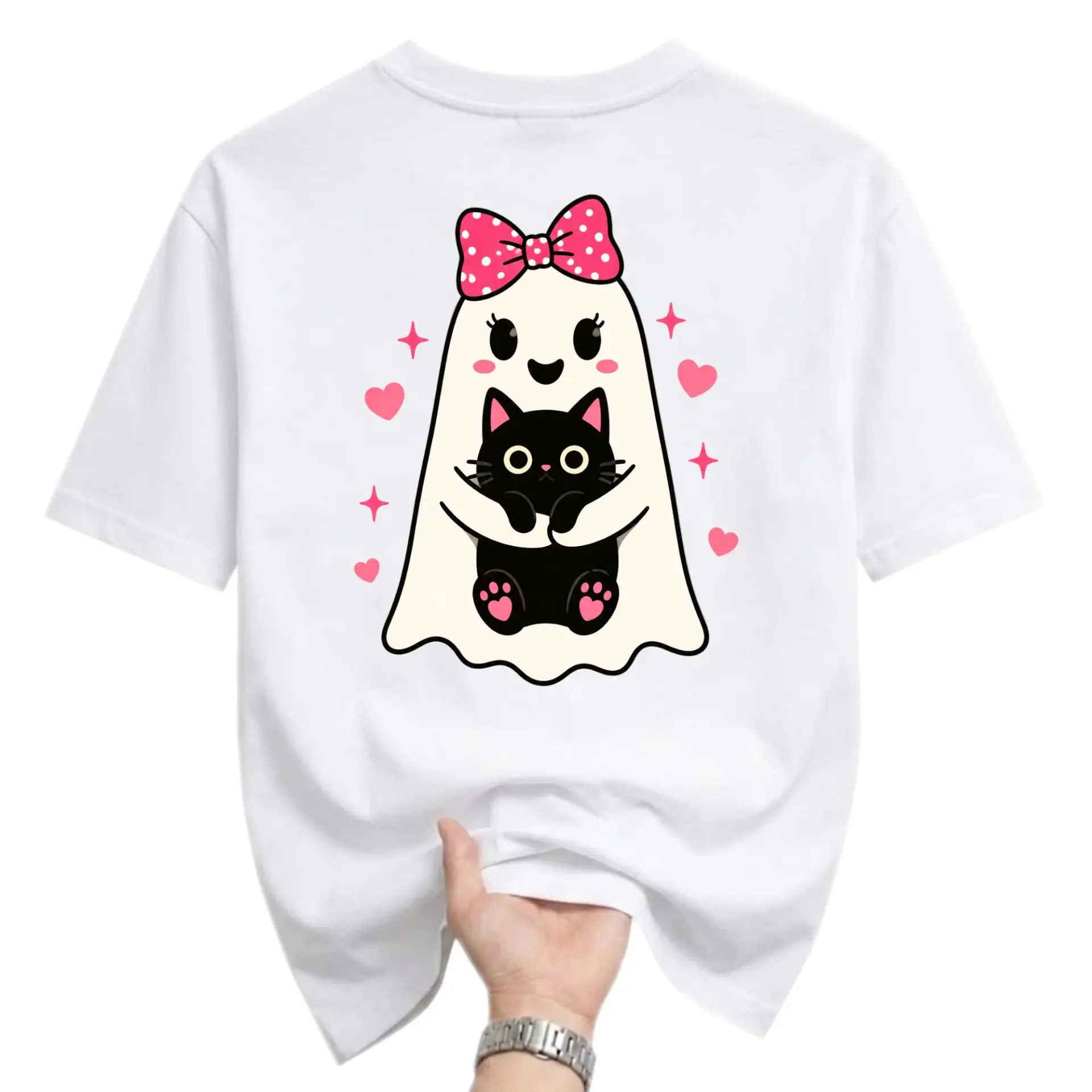 Graphic Tee Unisex Crew Neck T-Shirt Cute Ghost Holding Black Cat Illustration Casual Everyday Cotton Apparel