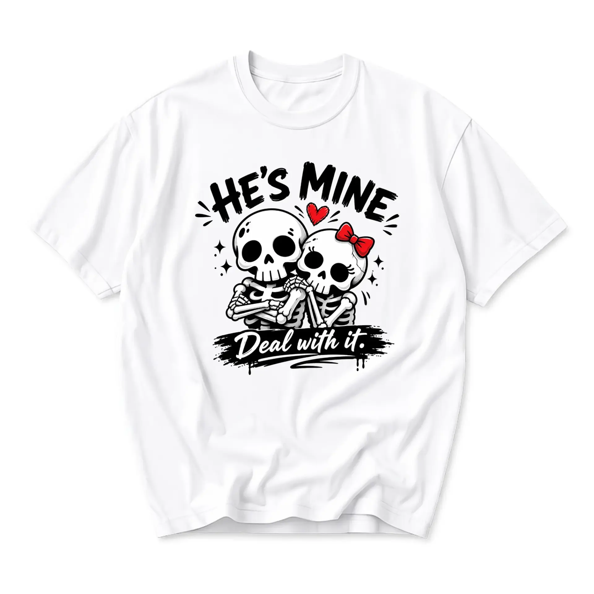 Graphic Tee He's Mine Deal with It Funny Skull Couple Print Short Sleeve Unisex Crew Neck Casual Cotton Shirt
