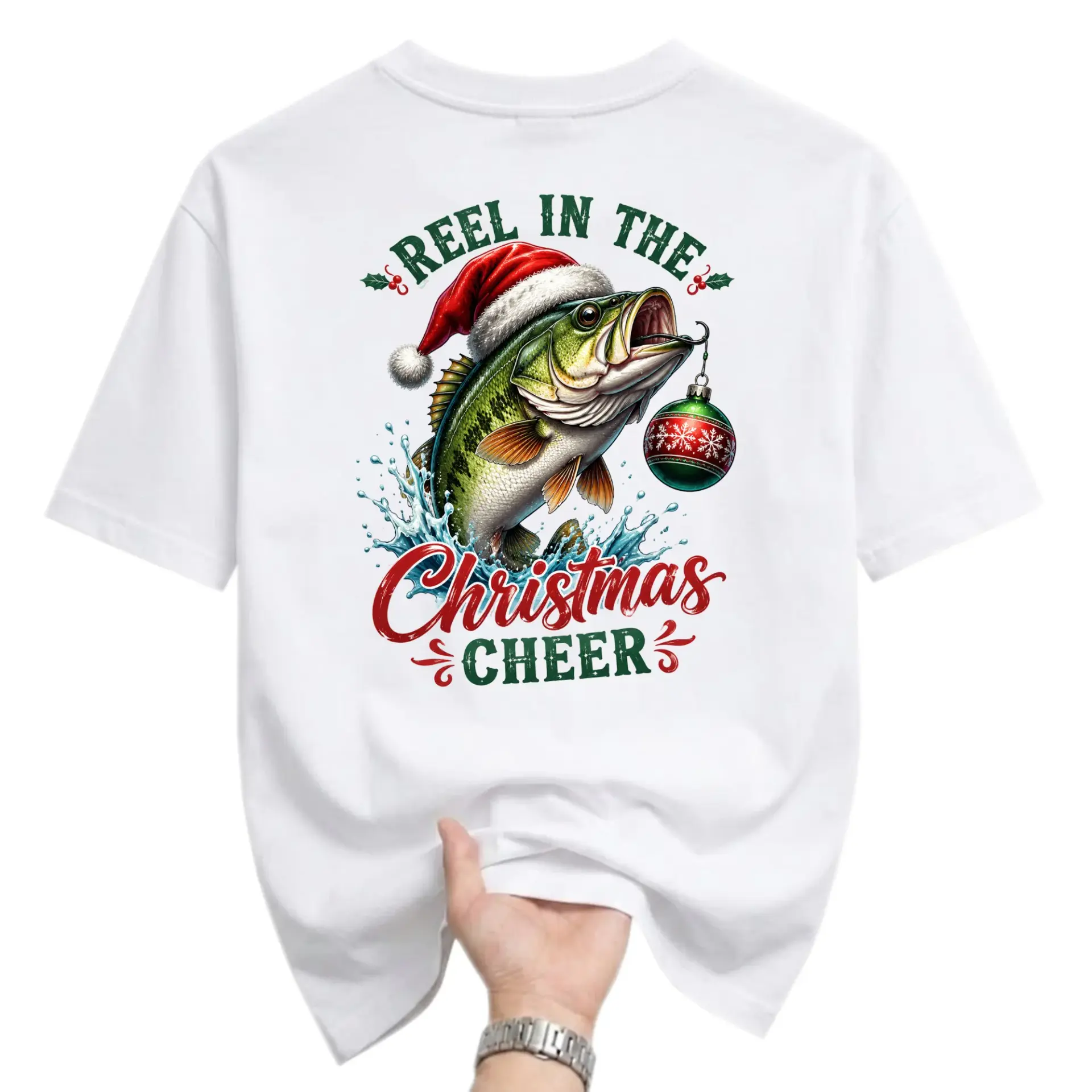 Funny Shirt Reel in the Christmas Cheer Fishing Graphic Tee Unisex Crew Neck Seasonal Holiday Casual Top