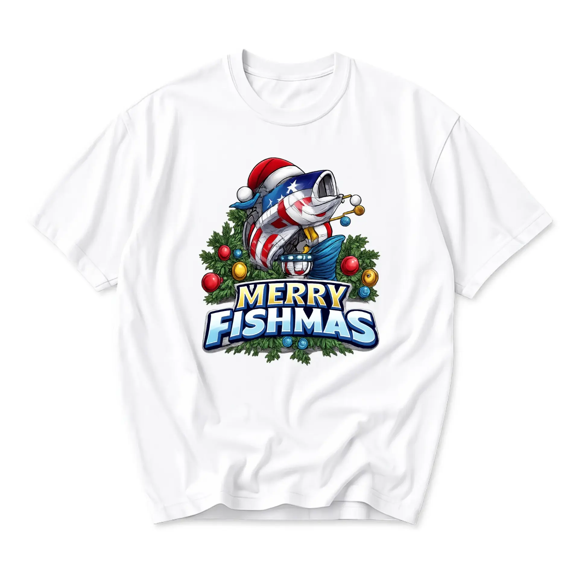 Funny Shirt Merry Fishmas Holiday Graphic Tee Featuring Patriotic Fishing