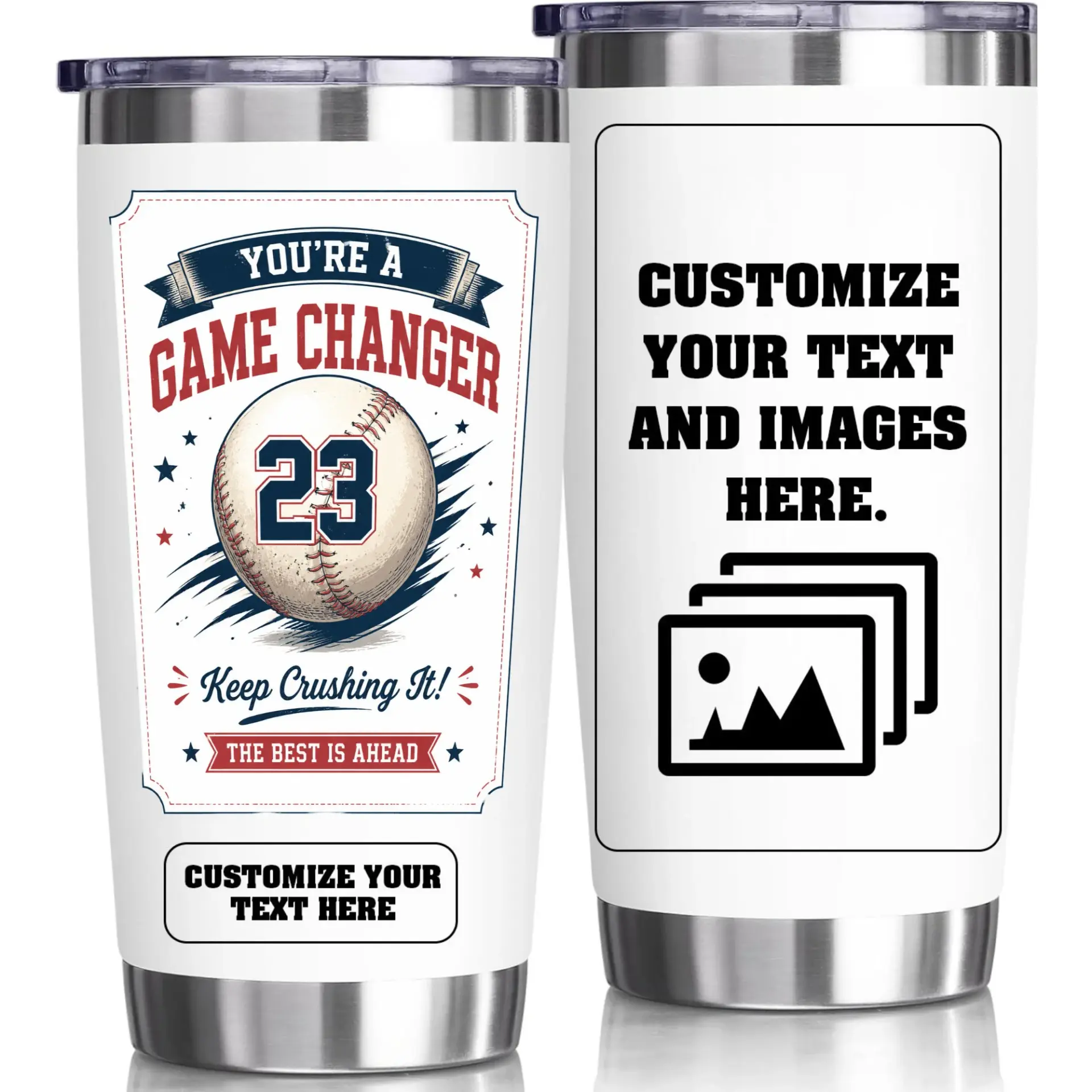 Stainless Steel Tumbler Game Changer Baseball Design 20oz Vacuum Insulated Cup for Hot and Cold Beverages Travel Gift