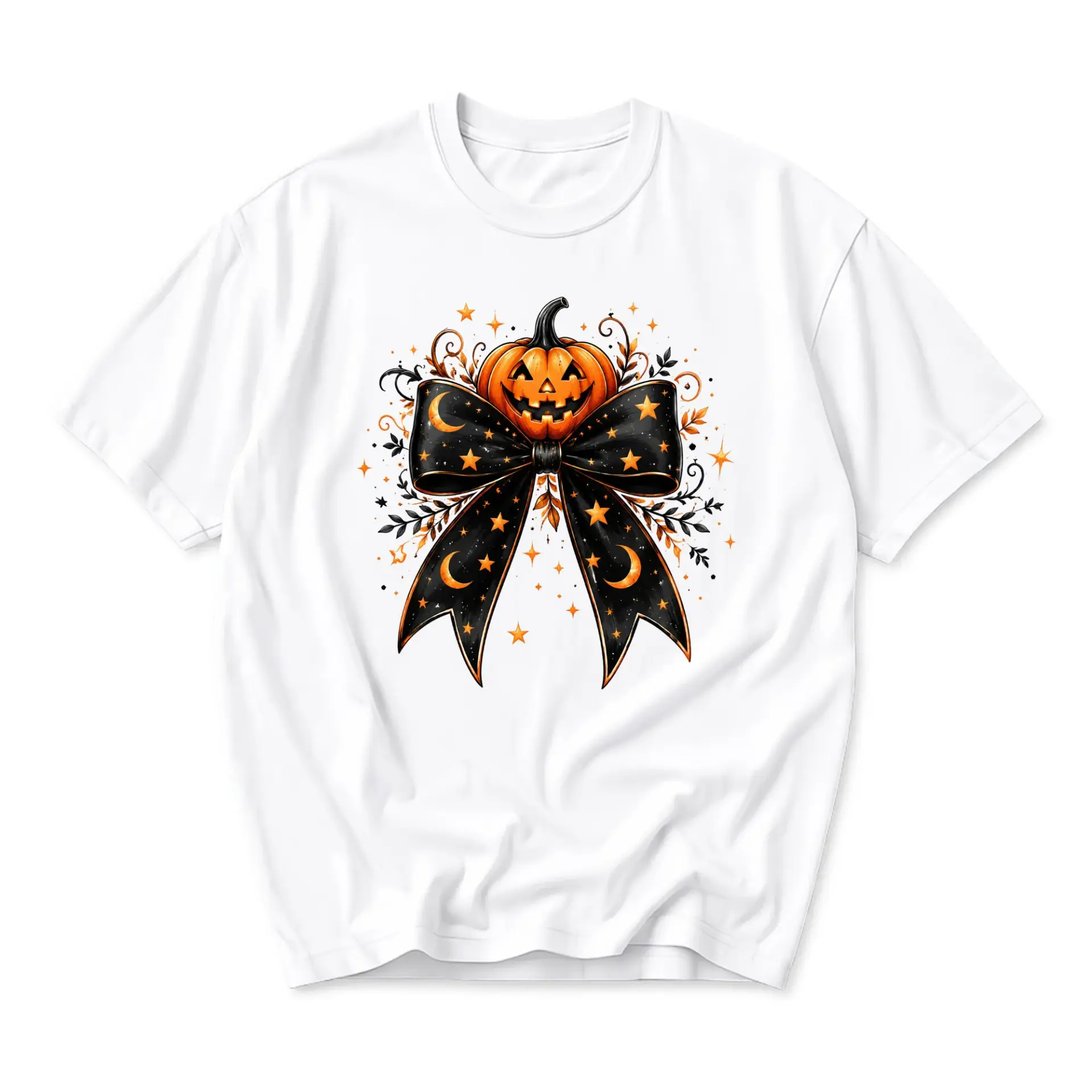 Graphic Tee Pumpkin with Celestial Bow Design Unisex Casual Crew Neck T-Shirt Soft Breathable Cotton Blend Summer Top