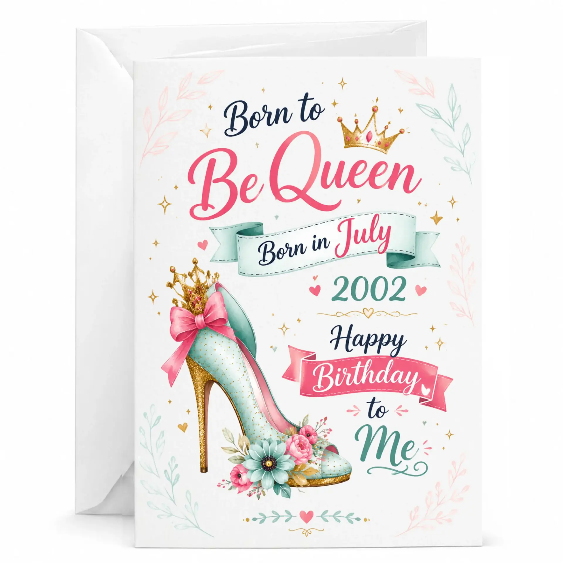 Birthday Card Born to Be Queen July 2002 Stiletto Shoe Design Premium Greeting Card with White Envelope 5x7 Inches