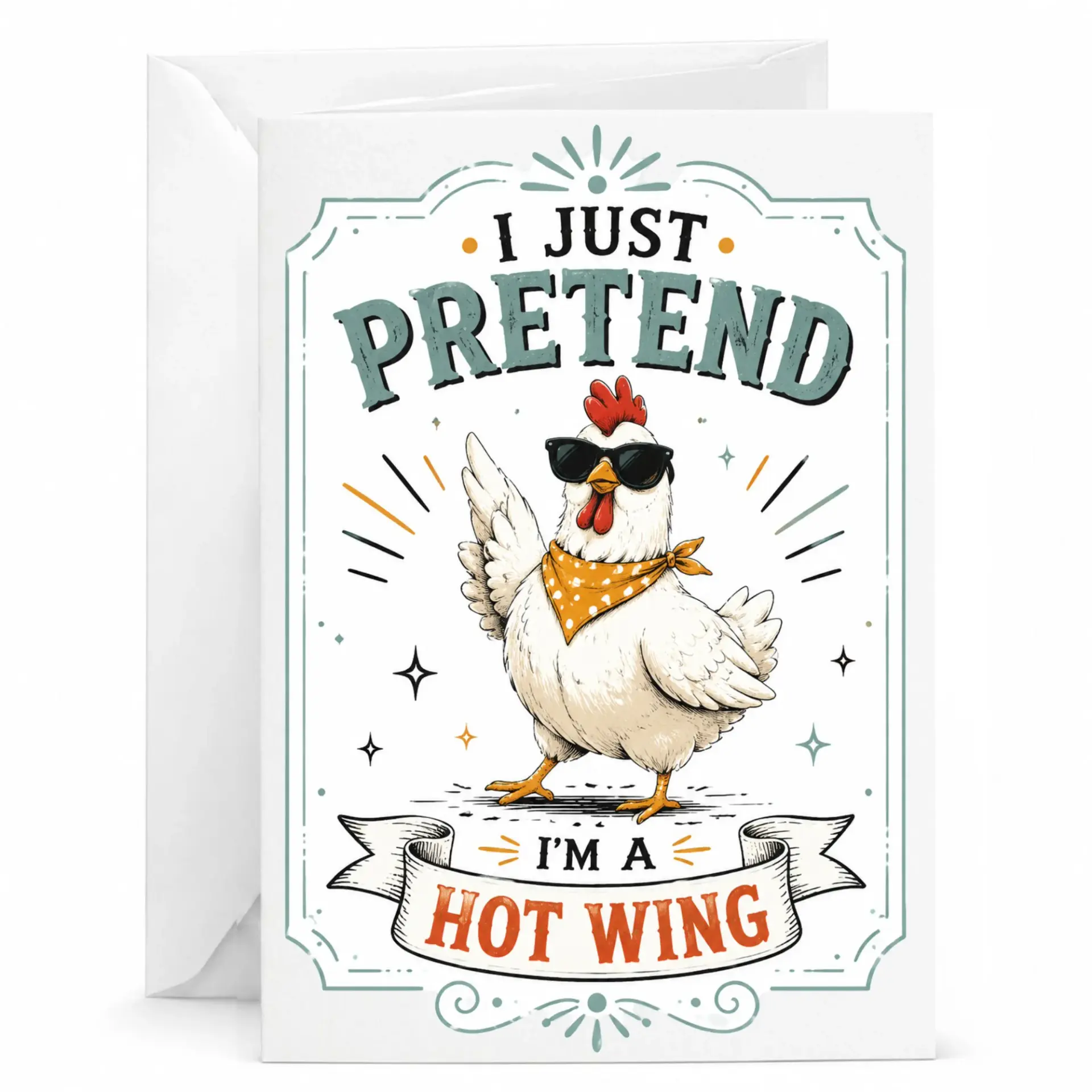 Funny Greeting Card I Just Pretend Im a Hot Wing with Cool Chicken Illustration for Humorous Birthday and Thank You Note