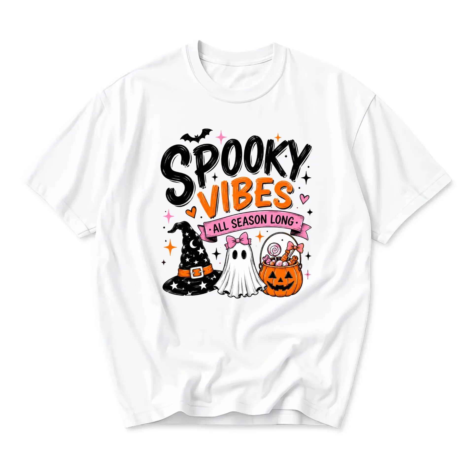 T-shirt Spooky Vibes All Season Long Graphic Tee Cute Ghost Witch Hat Pumpkin Art Unisex Casual Crew Neck Top