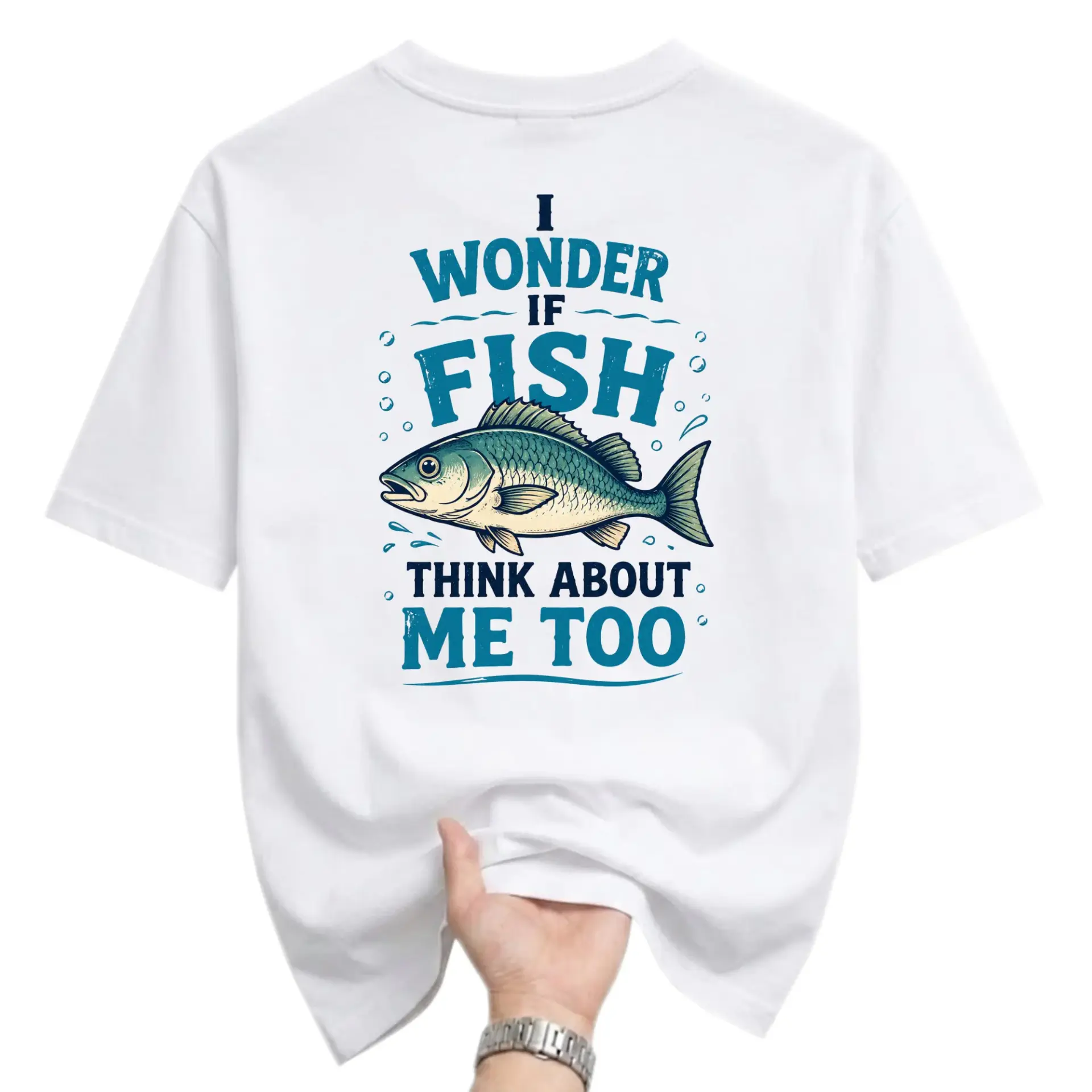 Funny Shirt I Wonder If Fish Think About Me Too Graphic Tee Casual Unisex Crew Neck Cotton Blend Fishing Apparel