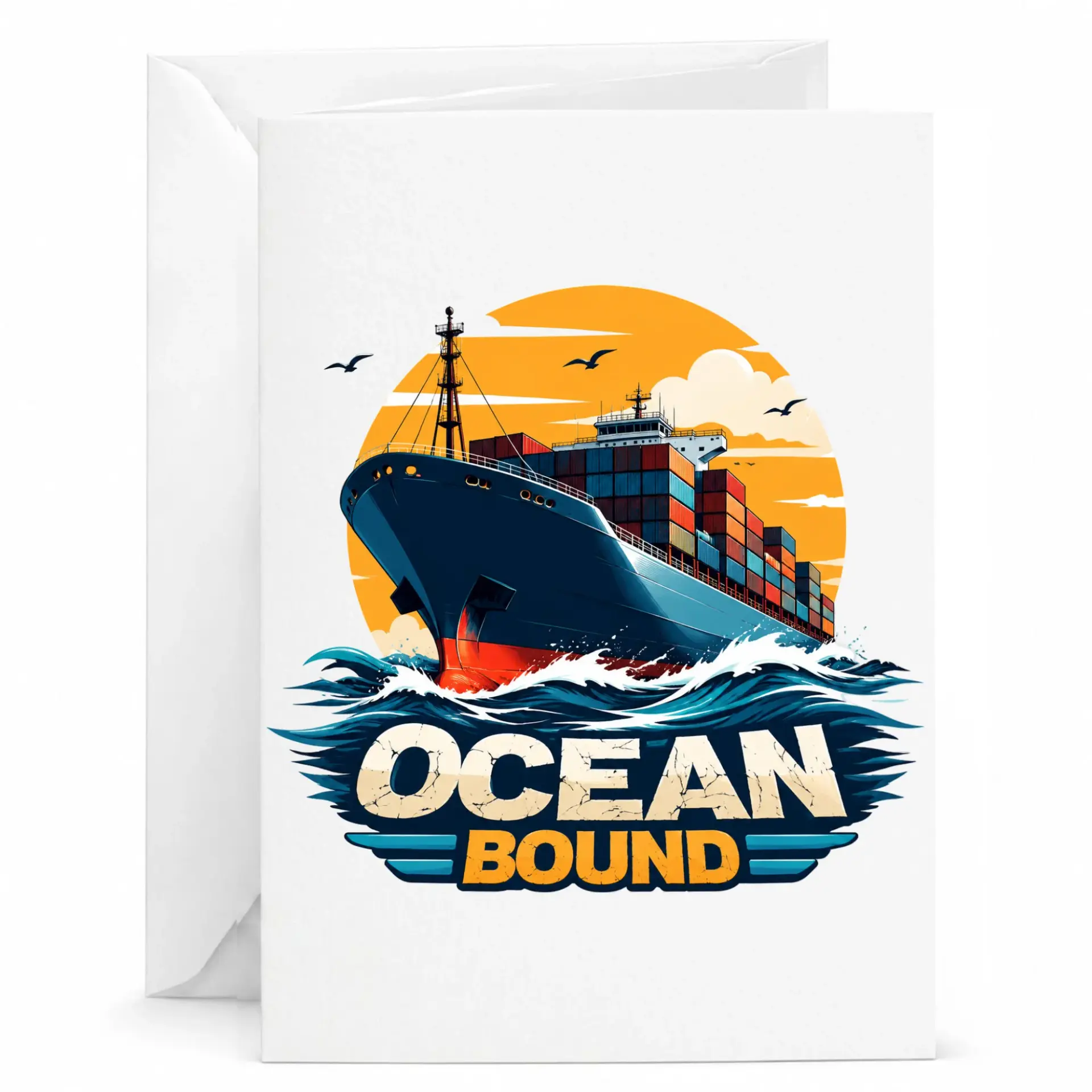 Greeting Card Ocean Bound Cargo Ship Nautical Design Illustration Premium Folded Note Card for Any Occasion