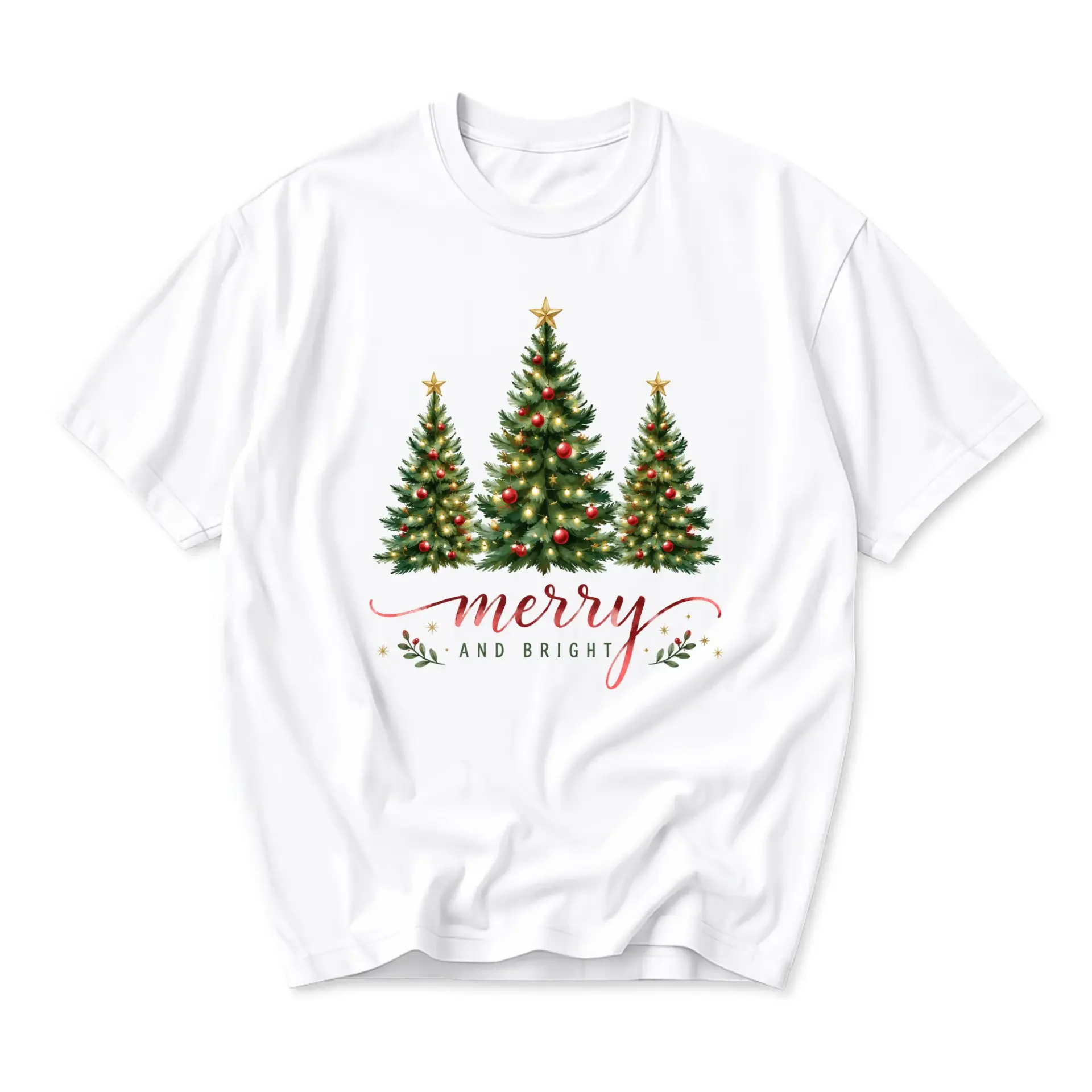 Graphic Tee Merry and Bright Christmas Tree Design Unisex Casual Everyday