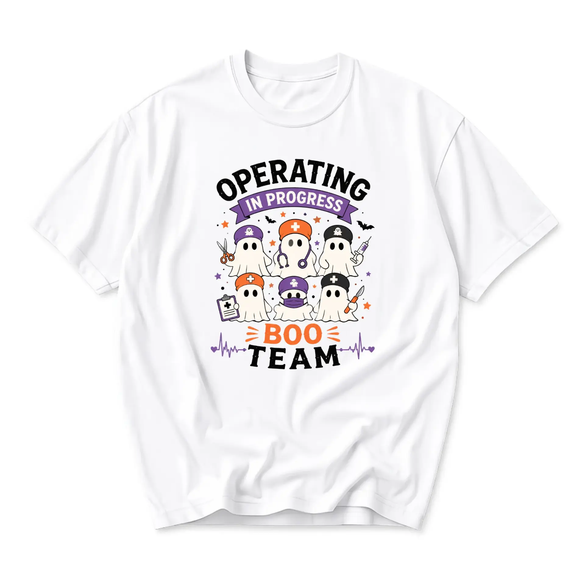 Funny Shirt Operating in Progress Boo Team Ghost Medical Staff Halloween Graphic Tee Unisex Casual Crew Neck T-Shirt