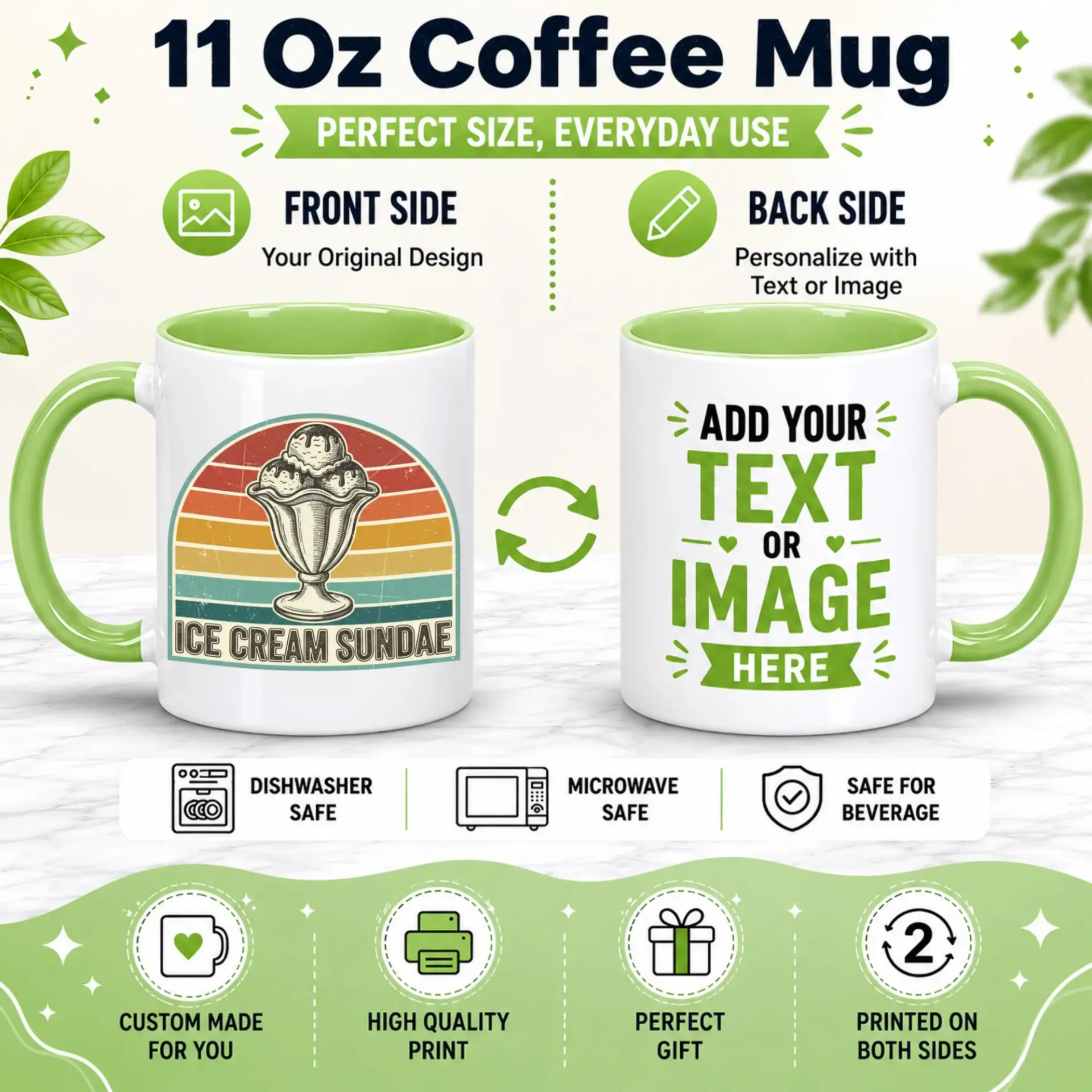 Ceramic Coffee Mug with Retro Ice Cream Sundae Design, Vintage Dessert Themed Drinkware for Morning Coffee Tea and Hot Cocoa, 11oz or 15oz