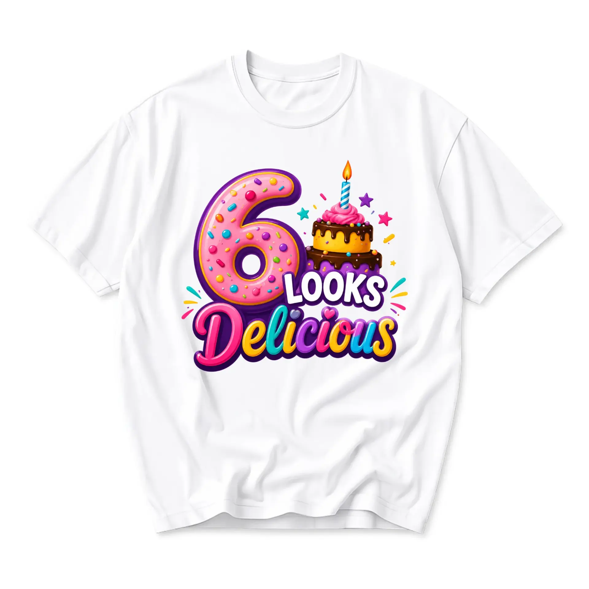 Funny Shirt 6 Looks Delicious Graphic Tee Cute Birthday Party Themed Unisex Crew Neck Short Sleeve Cotton Casual Apparel