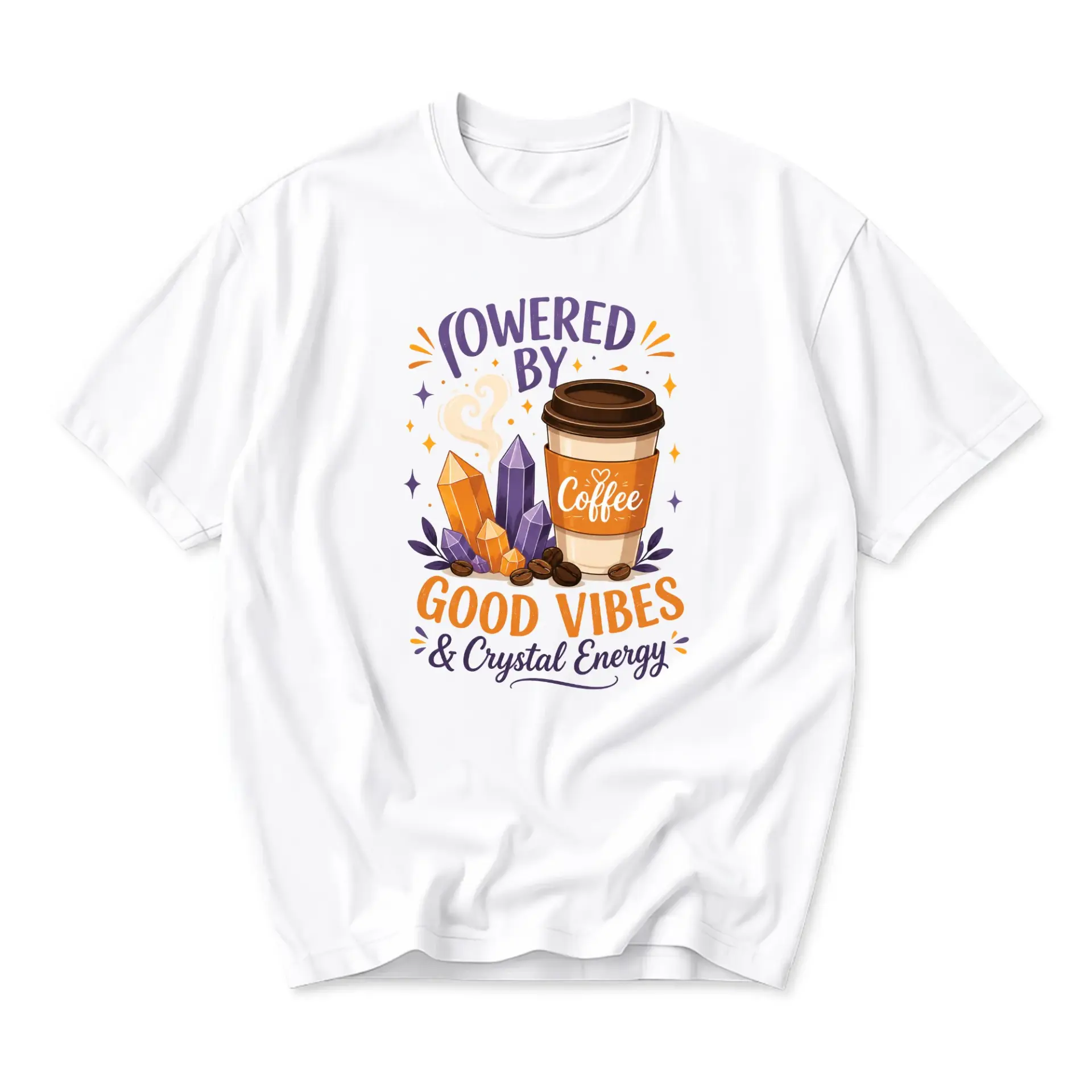 Graphic Tee Powered by Coffee and Crystal Energy Unisex Casual Crew Neck T-Shirt for Everyday Style and Comfort