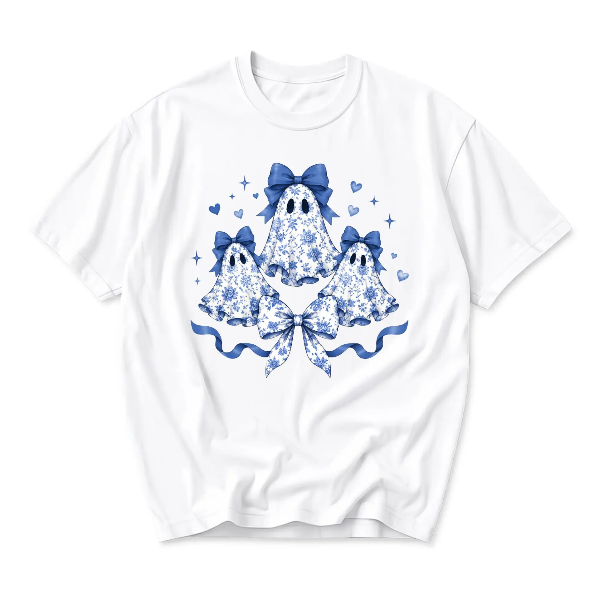 Graphic Tee Unisex Crew Neck T-Shirt Featuring Floral Pattern Ghost Trio Illustration with Blue Bow Accents