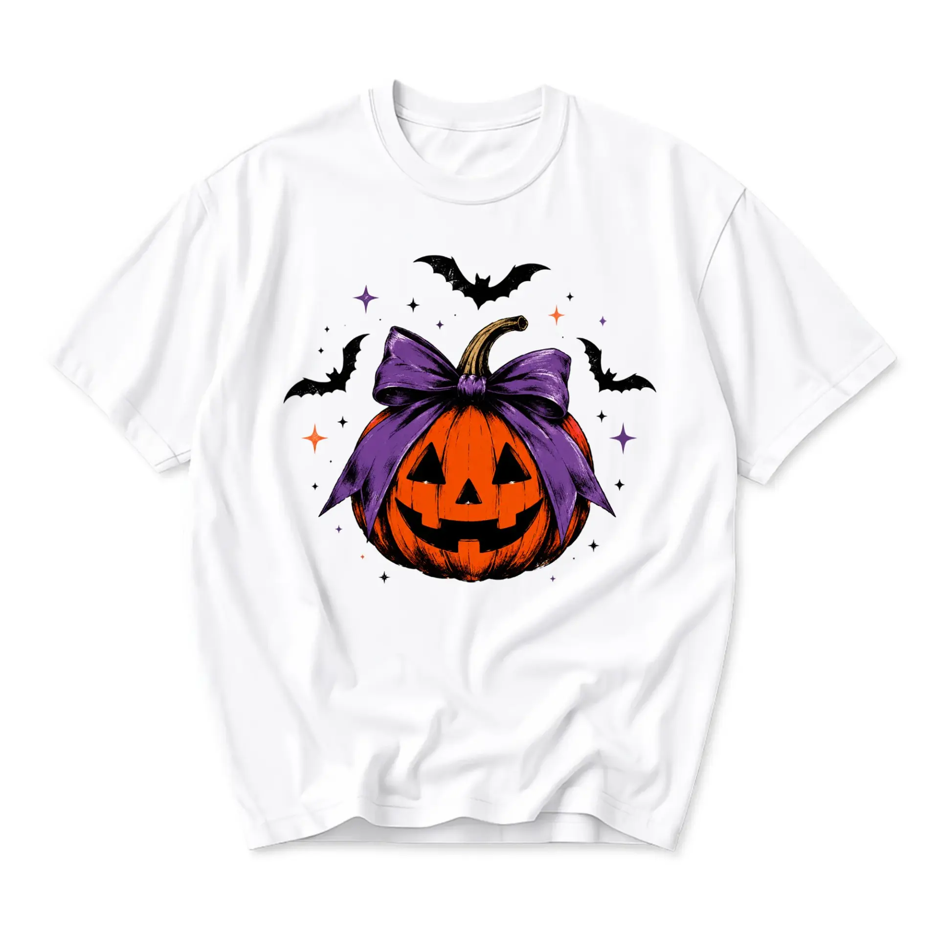 Graphic Tee Cute Halloween Pumpkin with Purple Bow and Bats Unisex Crew Neck Casual Everyday Short Sleeve Shirt