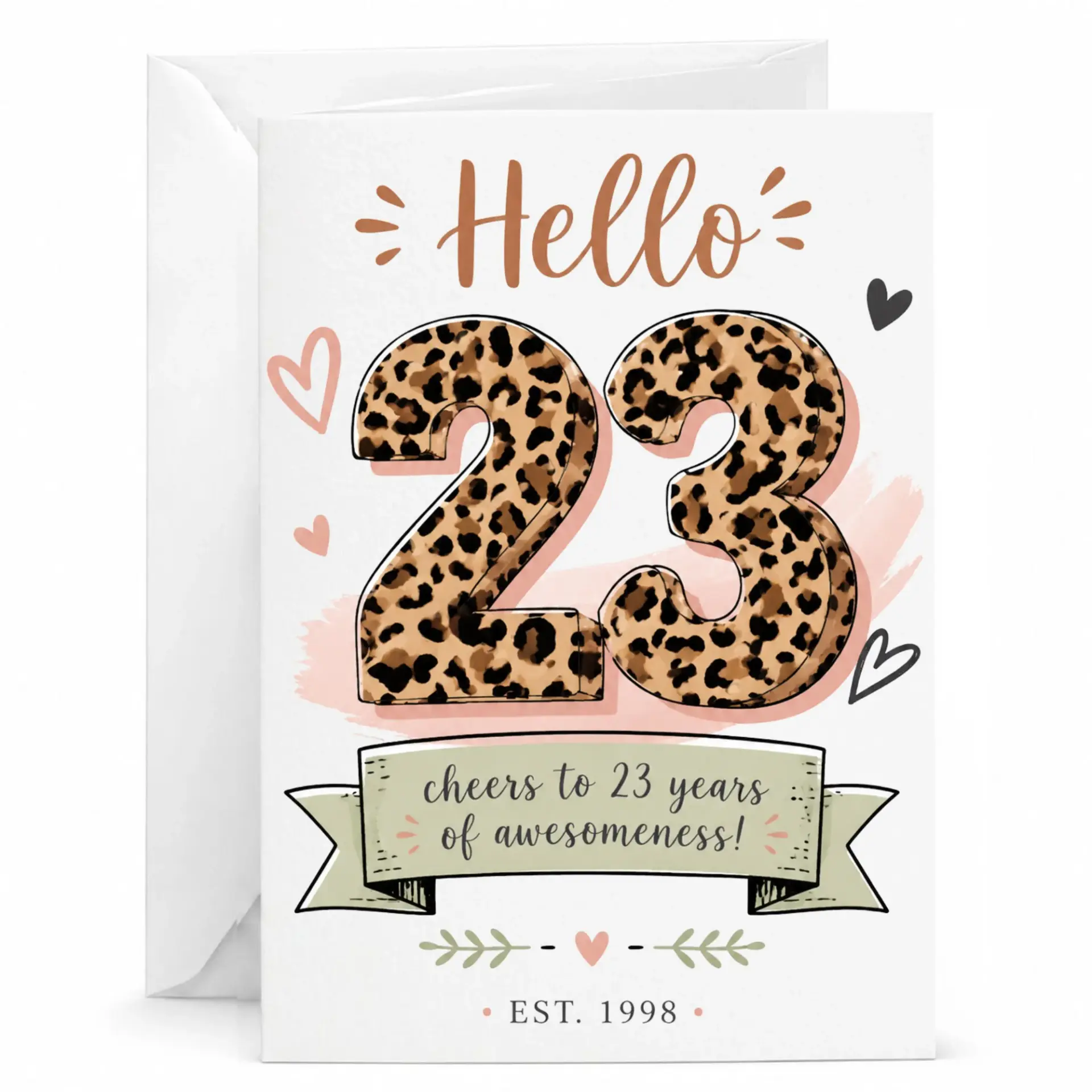 Birthday Card Hello 23 Years Old Leopard Print Design for Milestone Celebration Printed Greeting Card with Envelope
