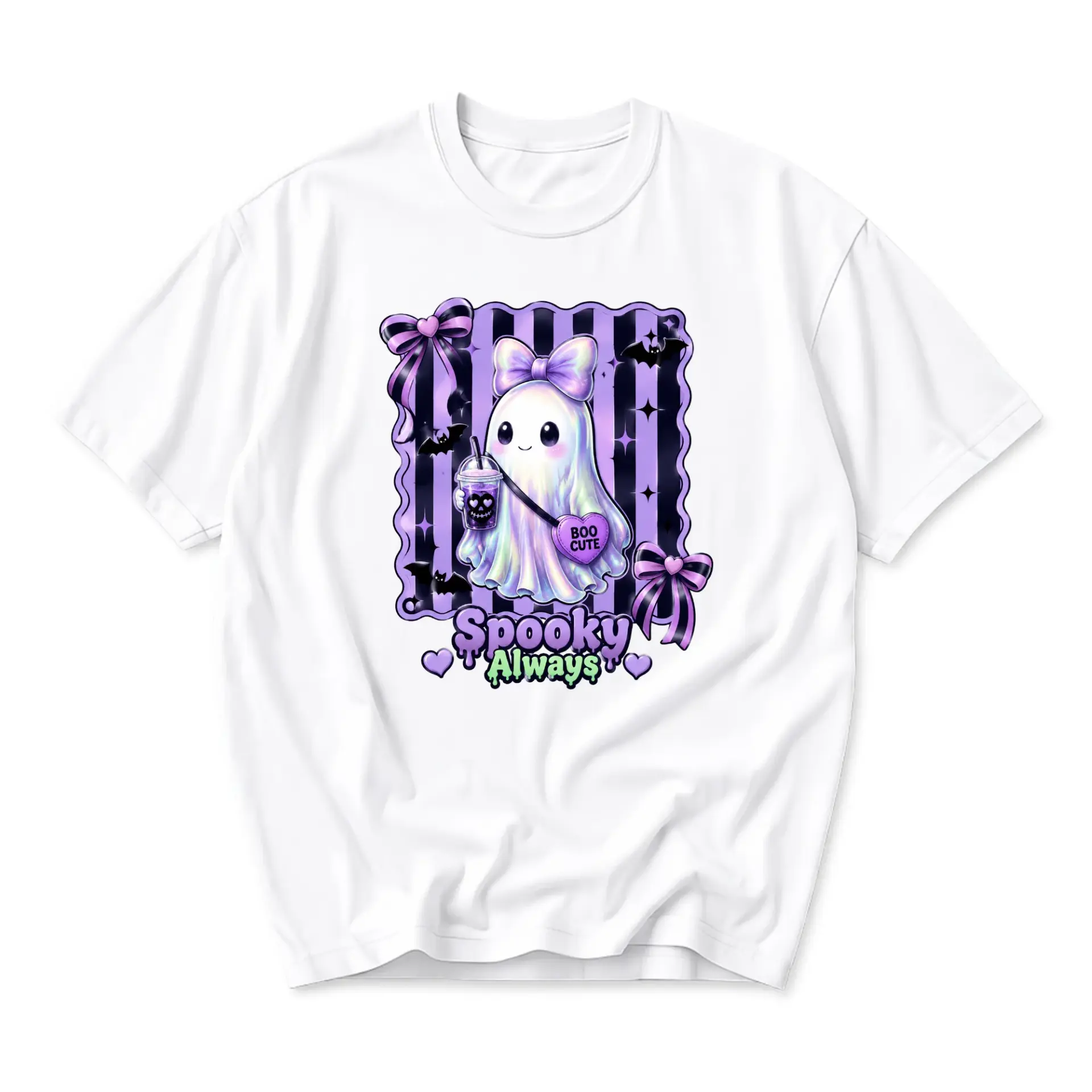 Graphic Tee Spooky Always Ghost Art Unisex Crew Neck Casual Shirt Soft Cotton Blend Aesthetic Print Top White
