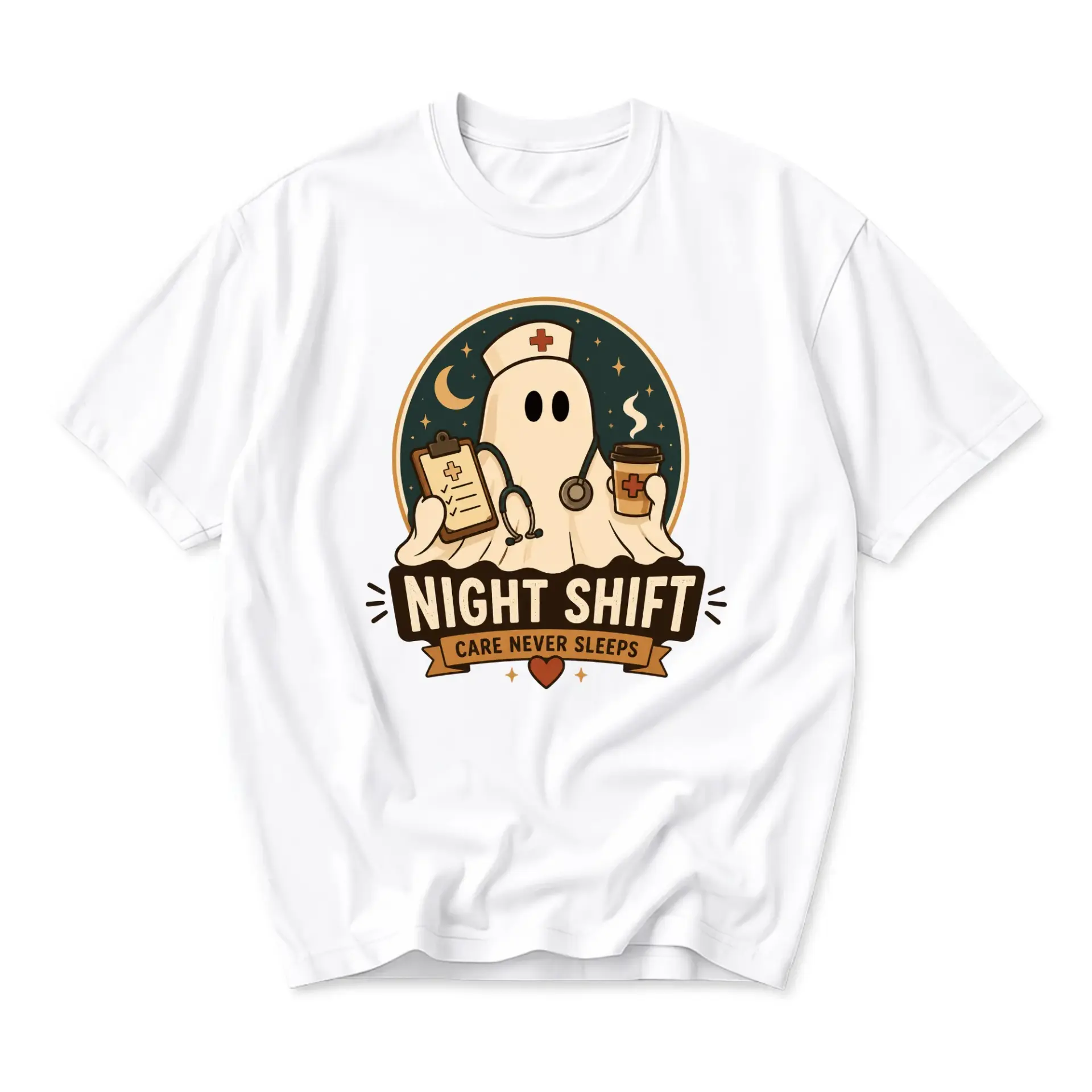 Graphic Tee Night Shift Care Never Sleeps Ghost Nurse Unisex T-Shirt Funny Medical Professional Casual Apparel