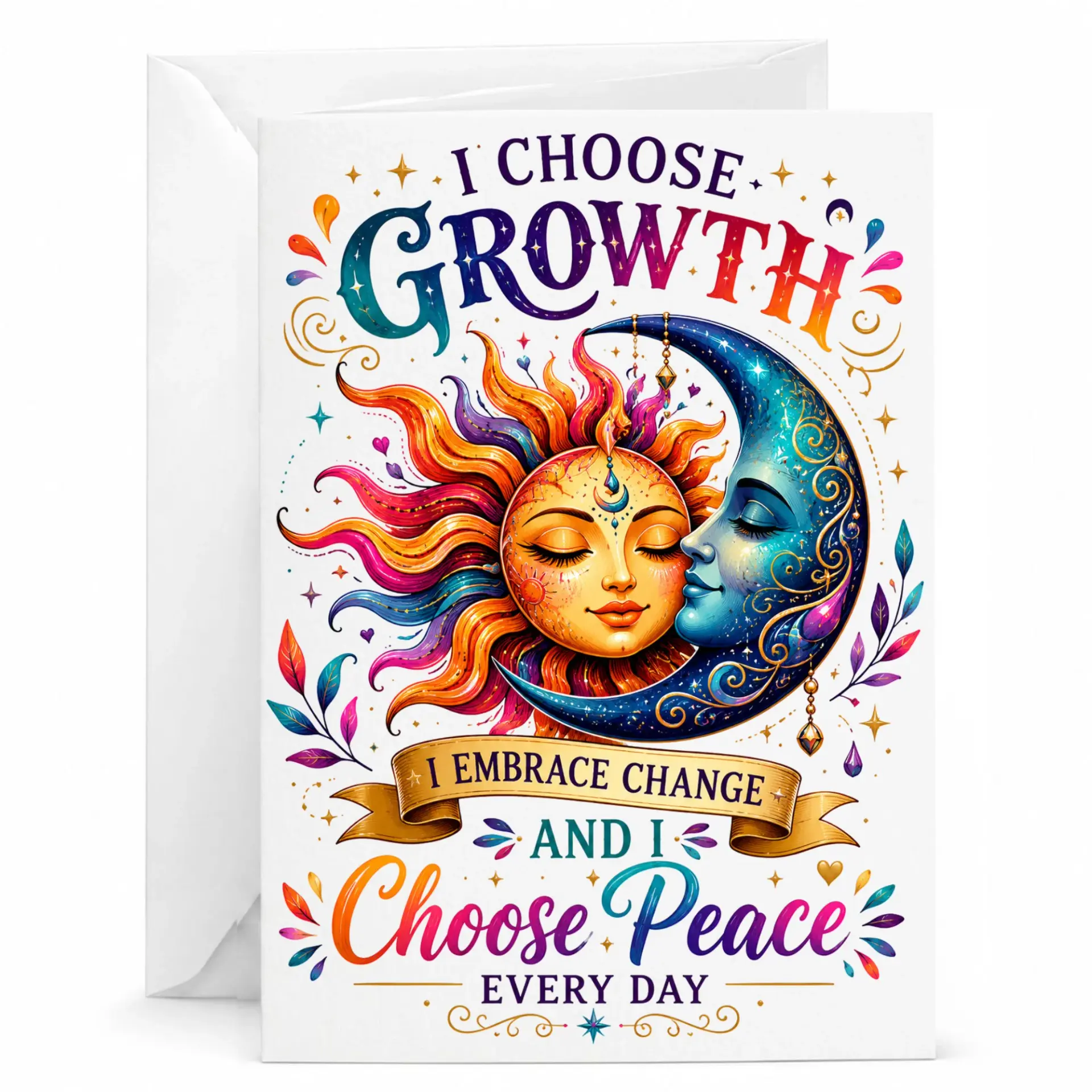 Inspirational Greeting Card I Choose Growth Sun and Moon Celestial Art Stationery for Mindfulness Encouragement