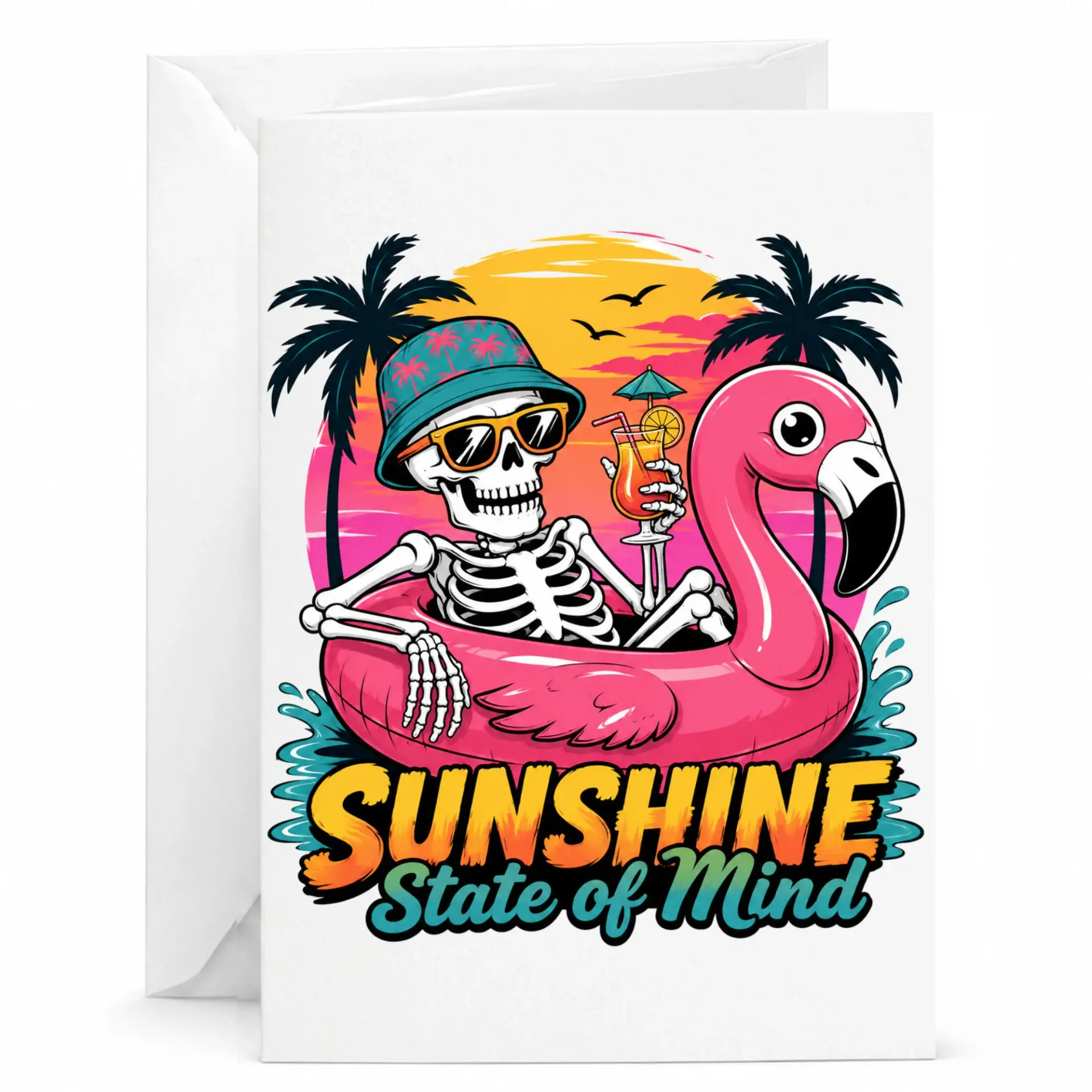 Funny Greeting Card Sunshine State of Mind Summer Tropical Vibes Skeleton Relaxing in Flamingo Pool