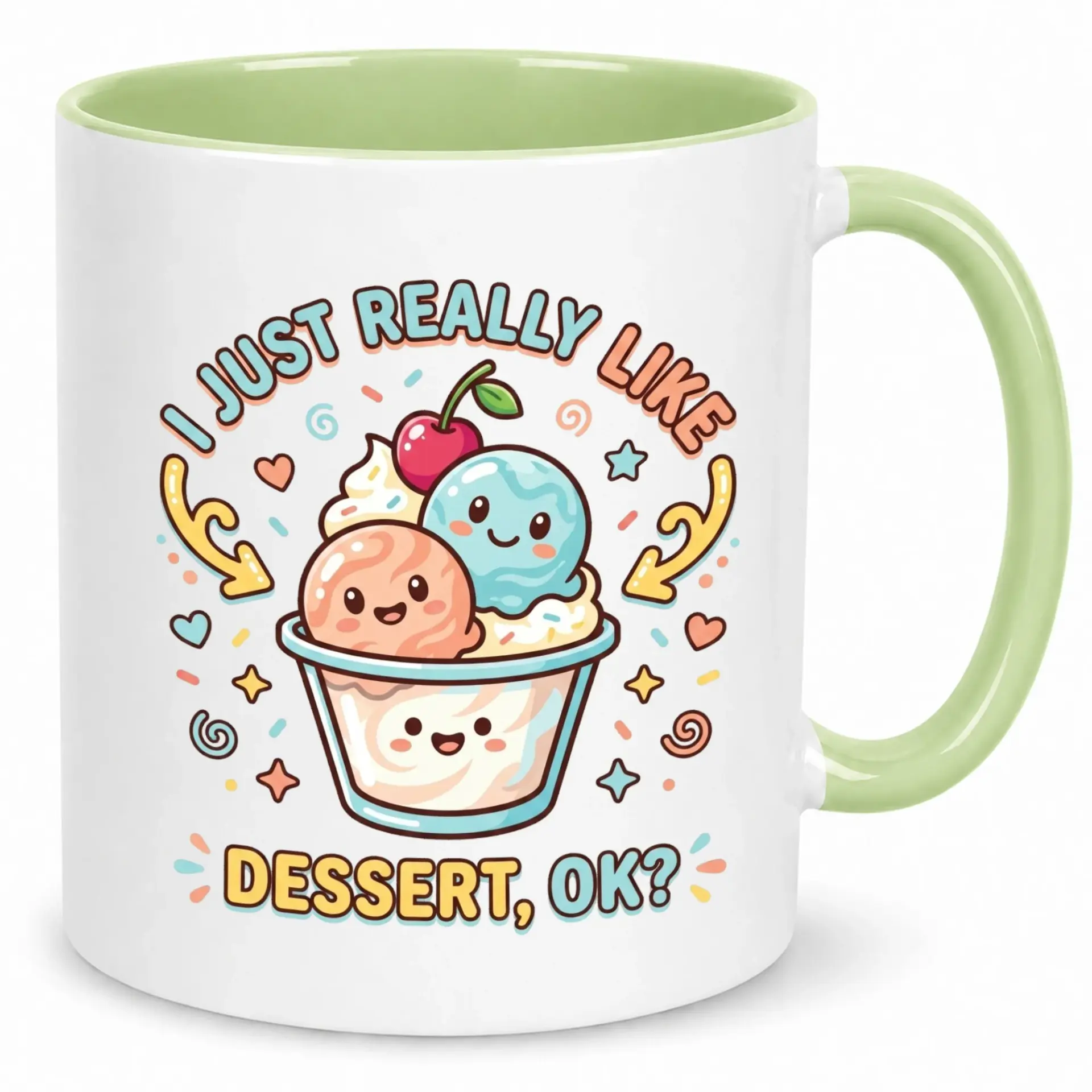 Funny Coffee Mug for Dessert Lovers, Cute Ice Cream and Sprinkles Design, Premium White Ceramic Cup with Green Handle and Interior, 11 Oz or 15 Oz Option