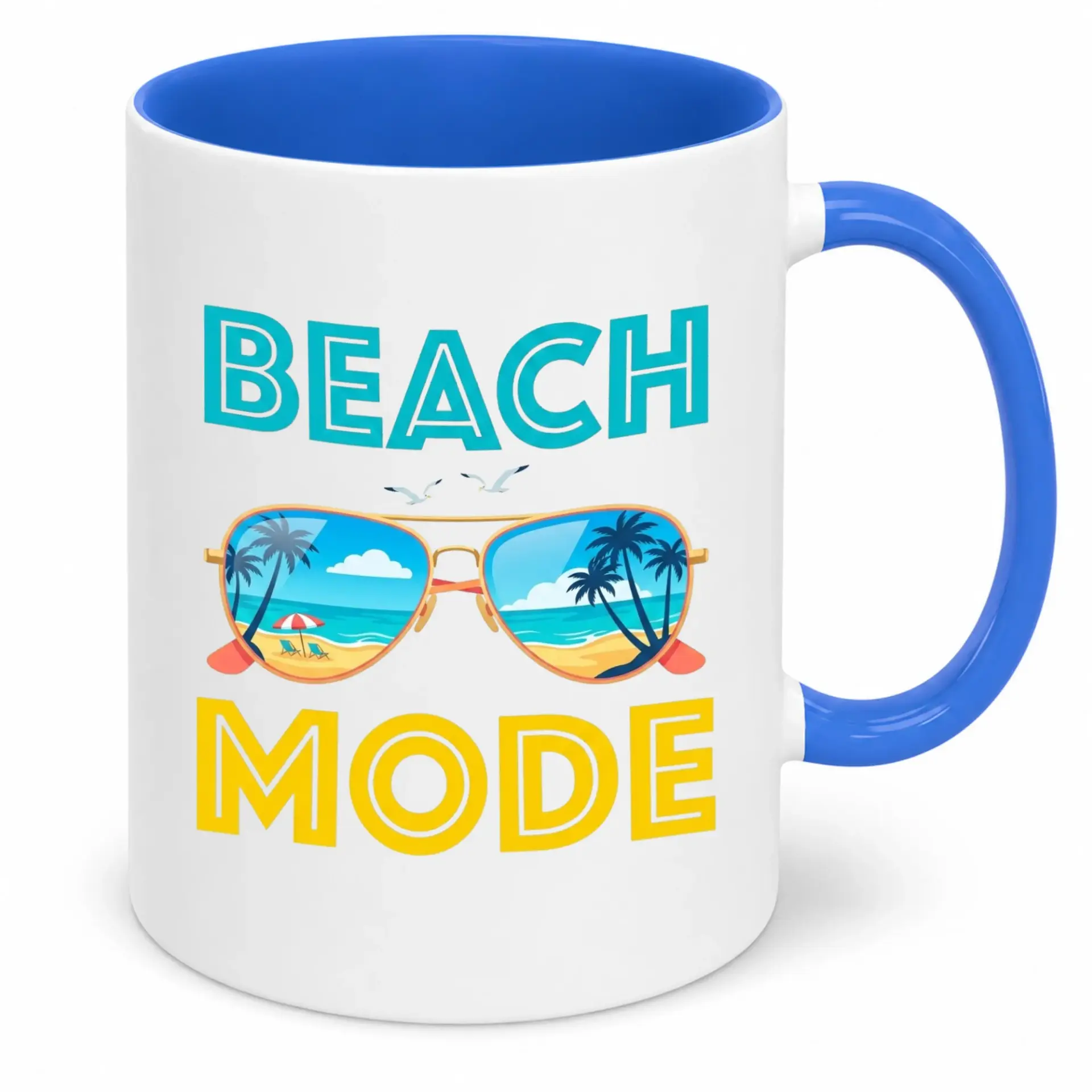Coffee Mug with Beach Mode Sunglasses Design, Fun Summer Vacation Ceramic Drinkware for Hot or Cold Beverages, Unique Gift Idea for Travel Lovers
