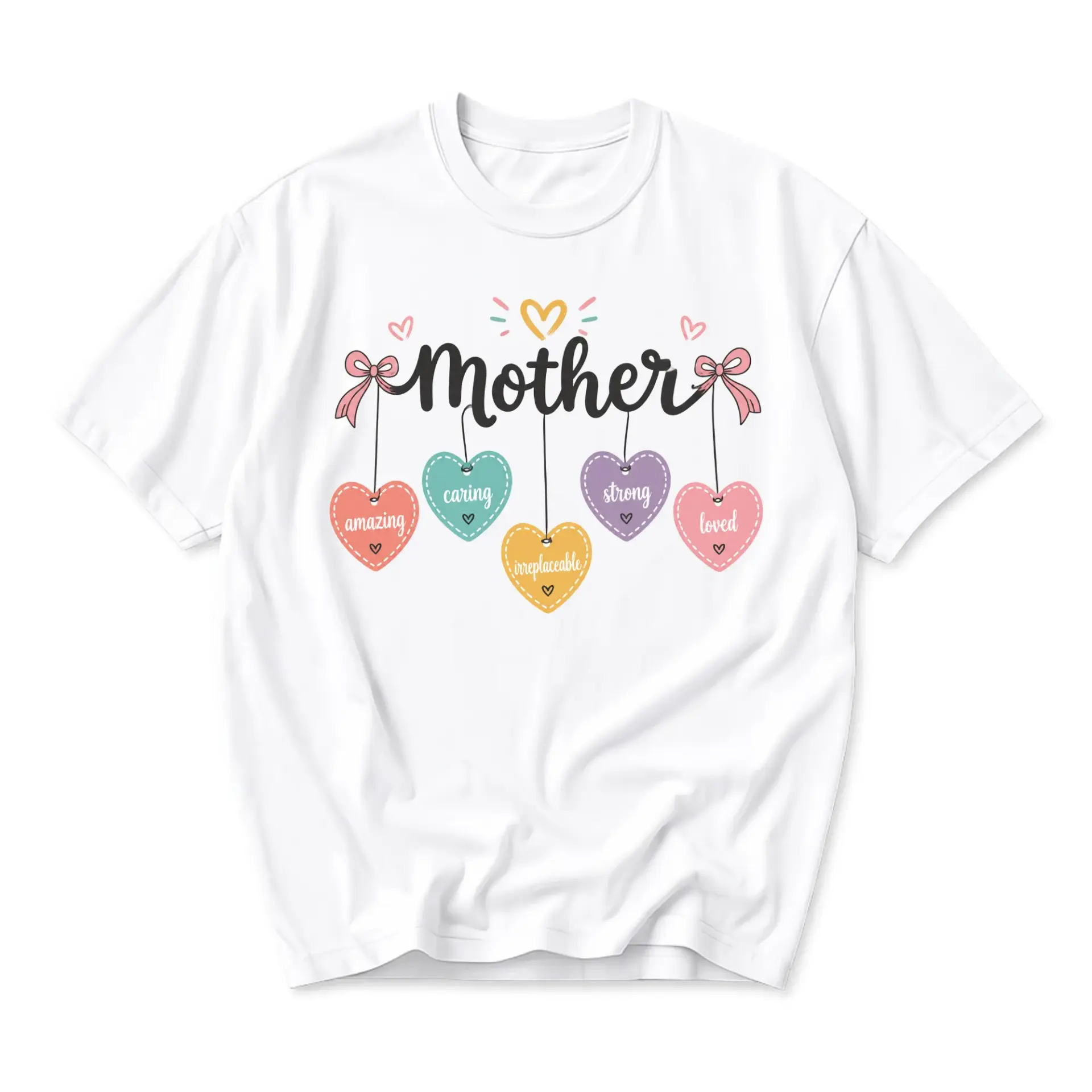 Graphic Tee Mother Heart Hanging Charm Design Casual Crew Neck Short Sleeve Soft Cotton Blend Unisex Apparel White