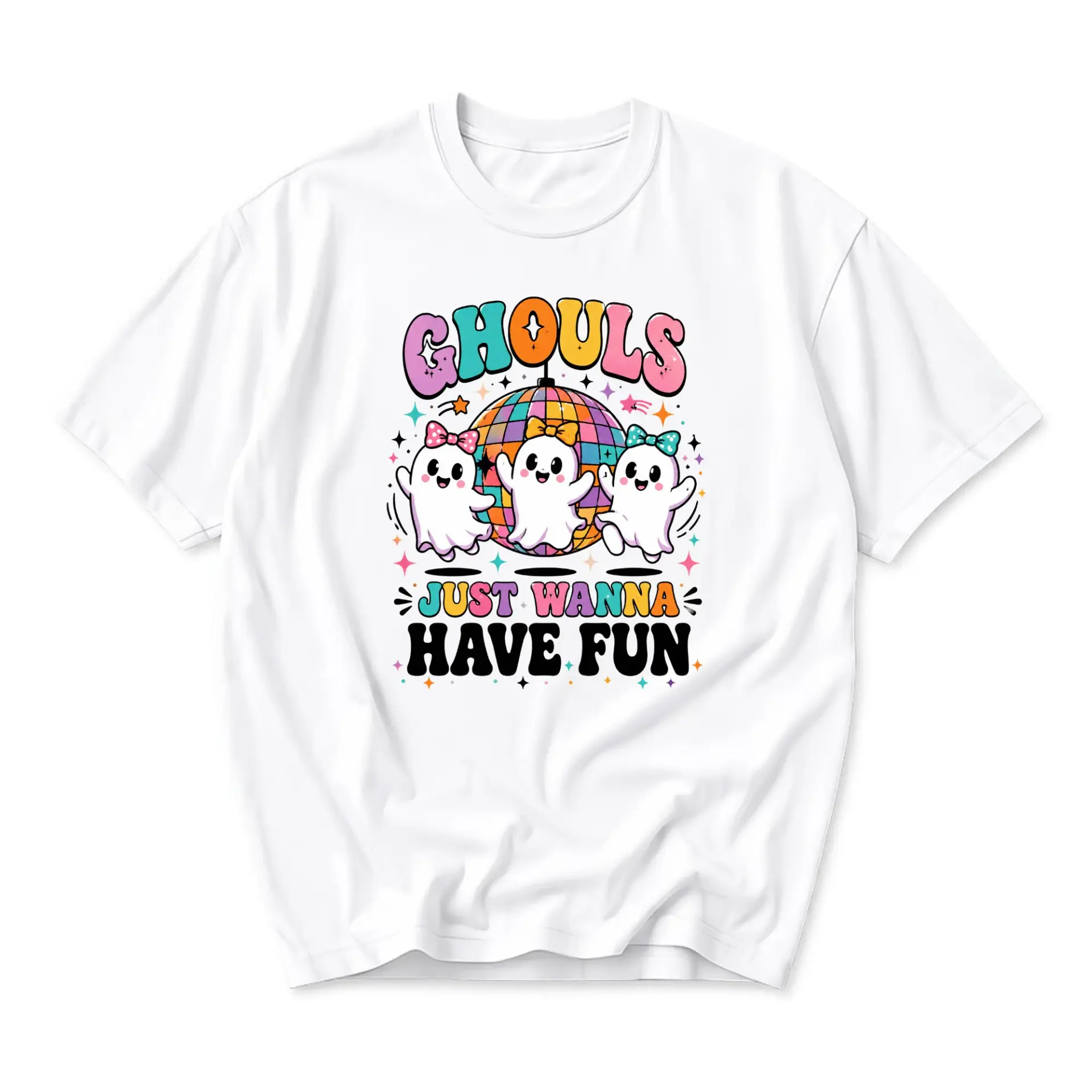 Funny Shirt Ghouls Just Wanna Have Fun Graphic Tee Retro Disco Ghost Theme Unisex Cotton Casual Short Sleeve Apparel