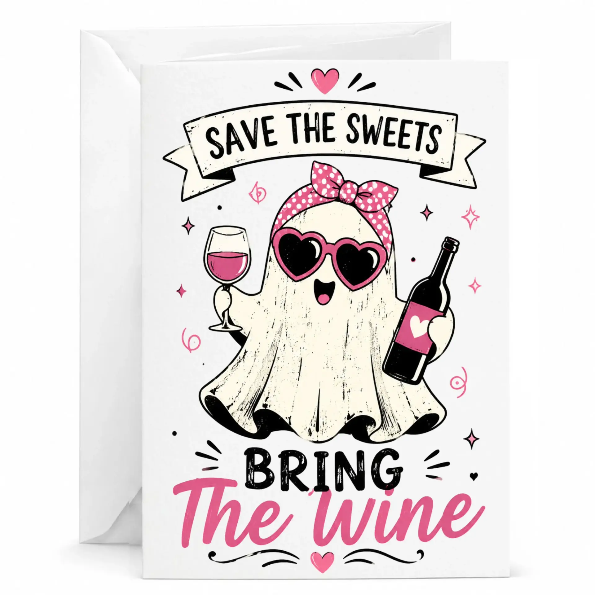 Funny Wine Greeting Card with Envelope Retro Pink Aesthetic Spooky Beverage Pun Notecard for Birthday