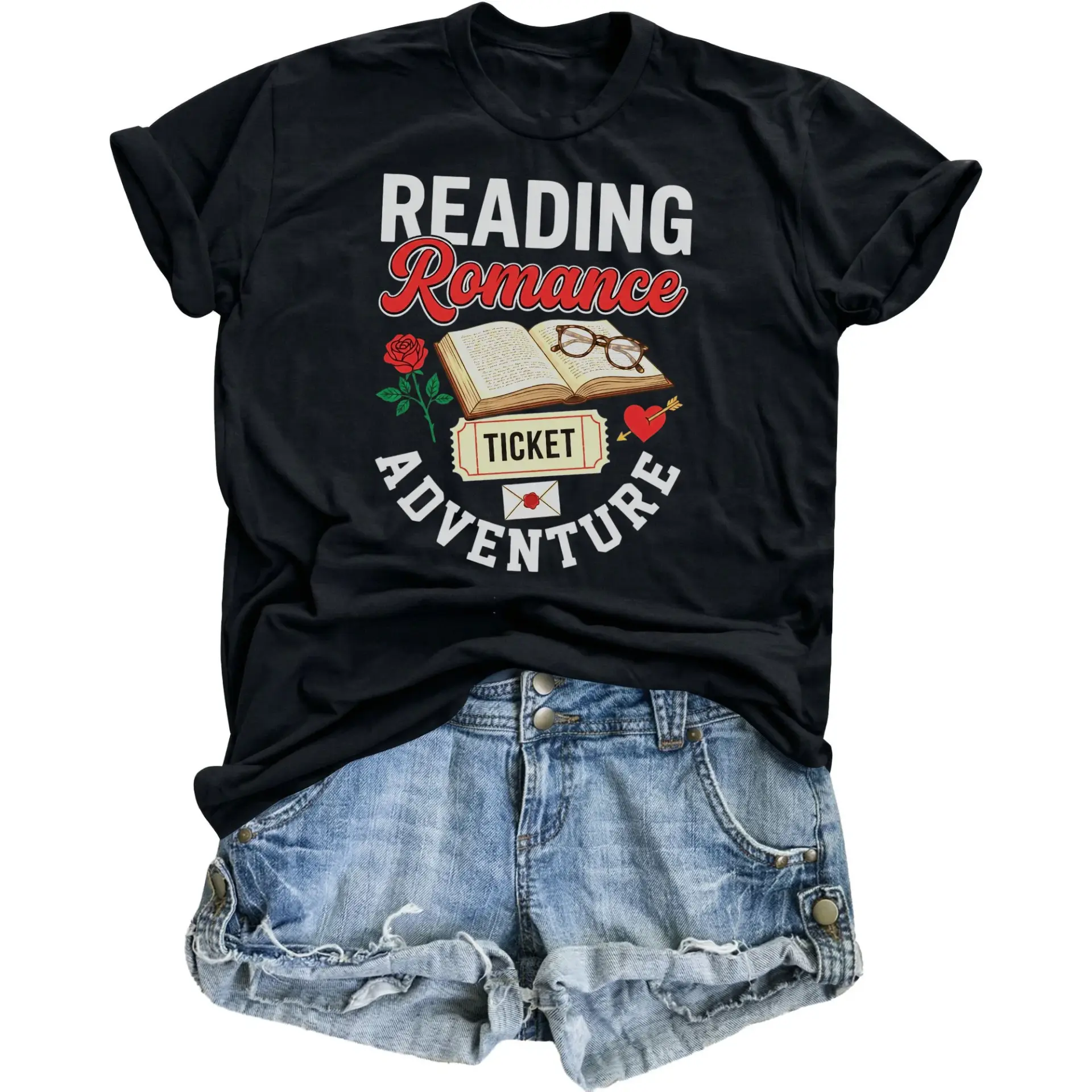 Graphic Tee Reading Romance Ticket Adventure Unisex Casual Cotton Blend Crew Neck Short Sleeve Shirt for Book Lovers