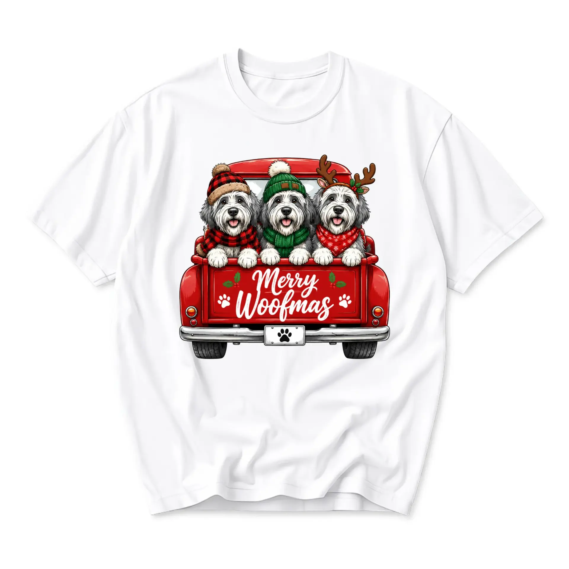 Graphic Tee Merry Woofmas Red Truck Dog Illustration Unisex Crew Neck Short