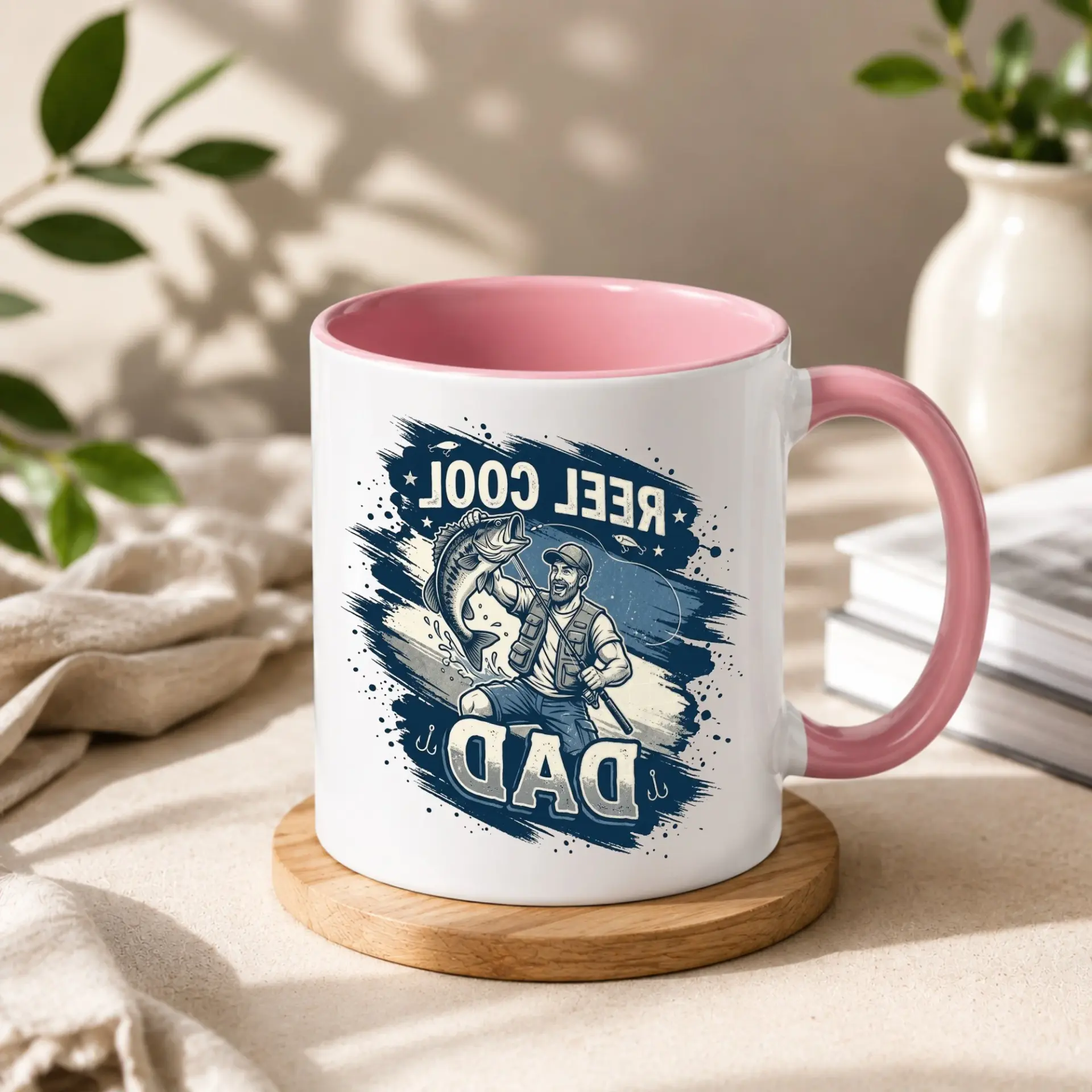 Funny Fishing Themed Coffee Mug Reel Cool Dad Novelty Ceramic Cup for Men Blue Handle Two Personalized Drinkware