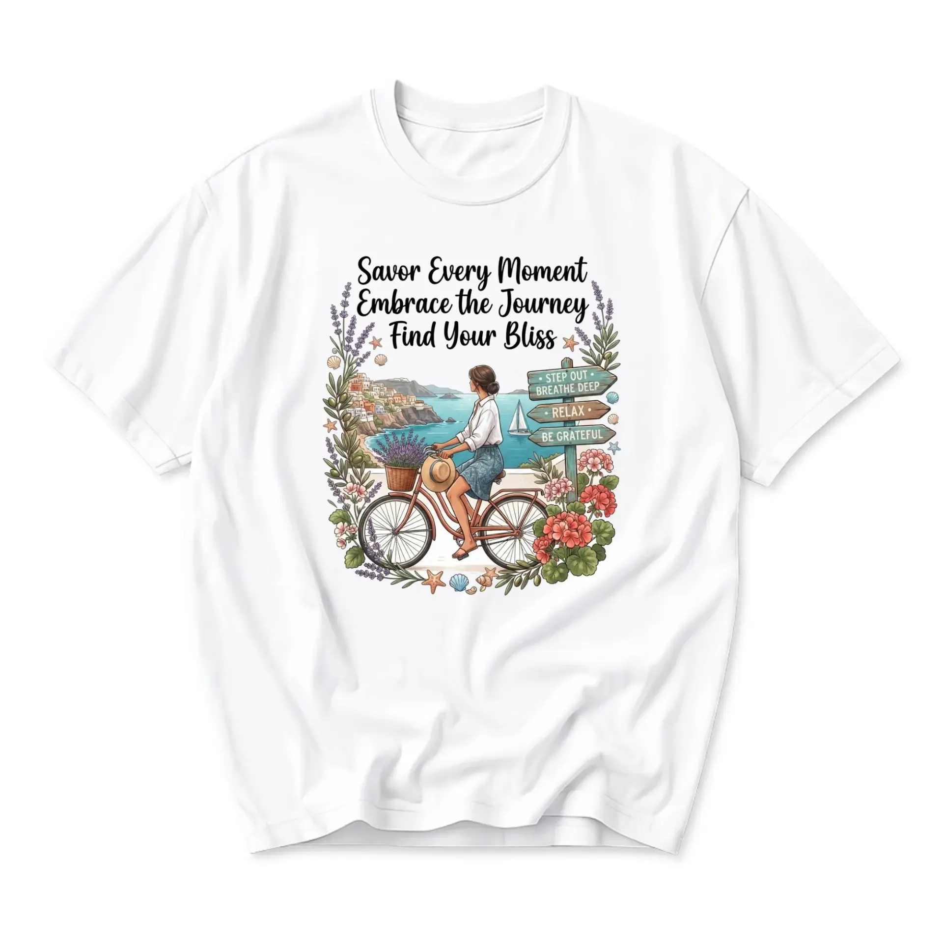 Graphic Tee Savor Every Moment Bicycle Travel Illustration Unisex Crew Neck Comfortable Short Sleeve Casual Shirt