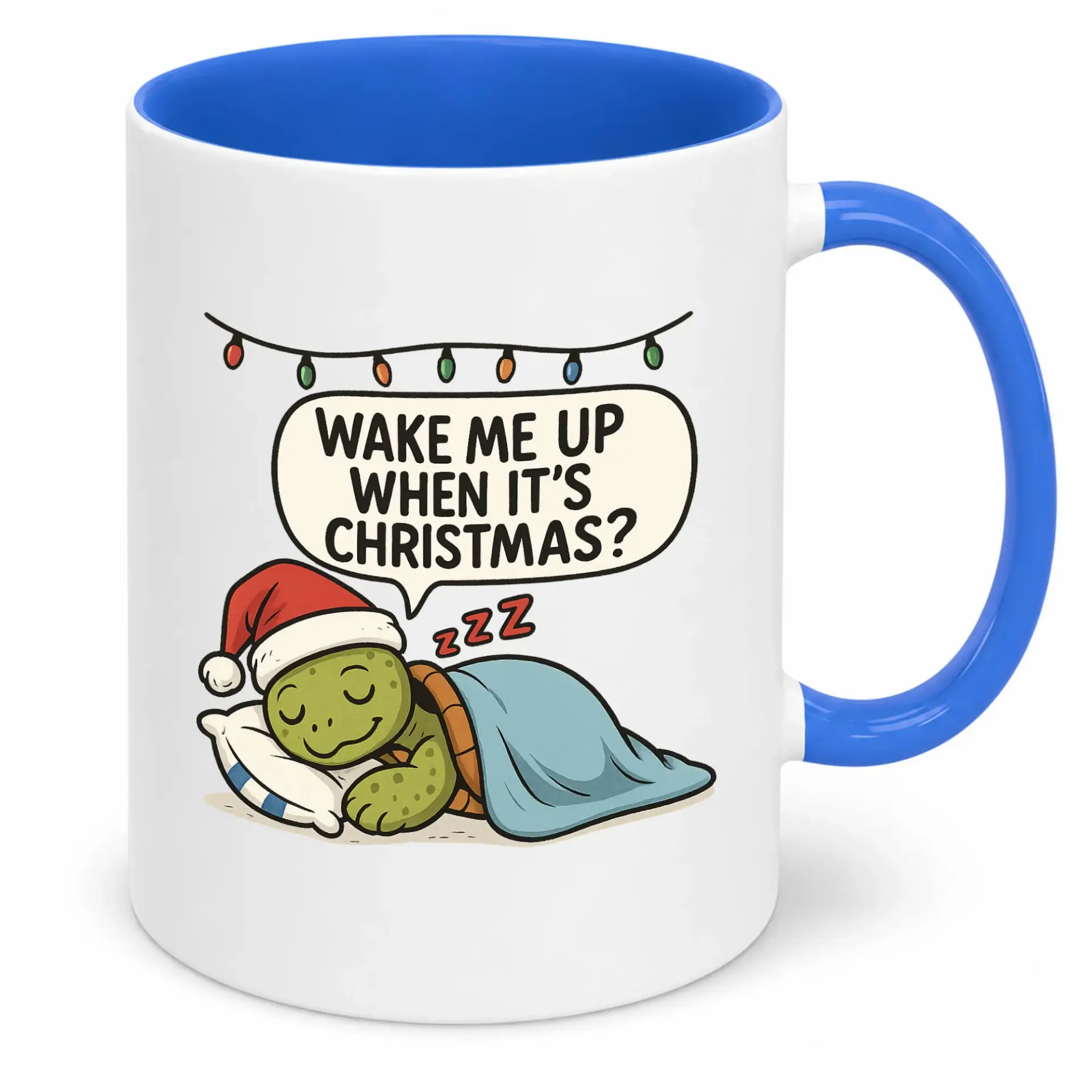 Funny Christmas Turtle Ceramic Coffee Mug with Humorous "wake Me up When It's Christmas?" Design, 11oz or 15oz Holiday Drinkware