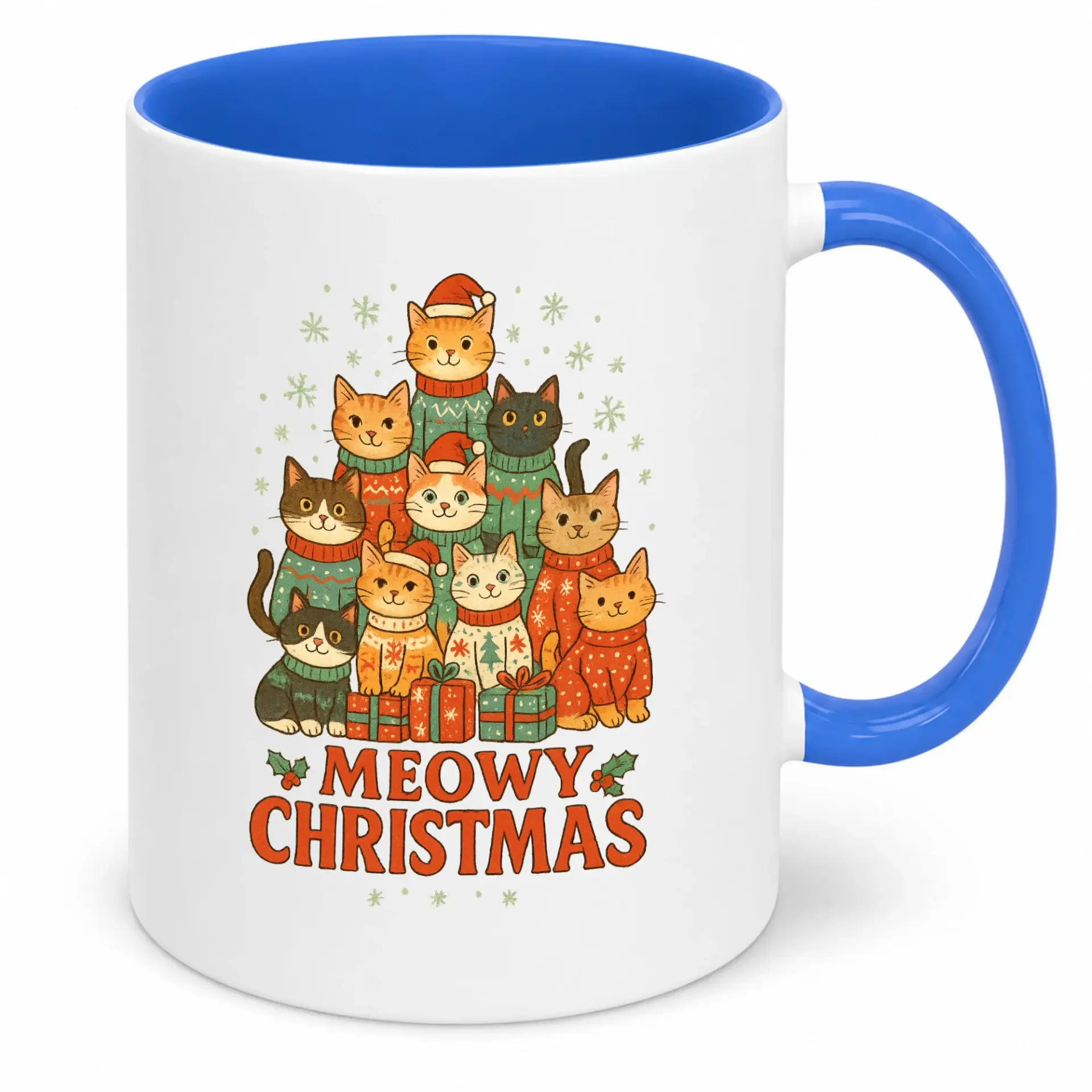 Funny Meowy Christmas Cat Lovers Ceramic Coffee Mug - Adorable Kitten Holiday Gift for Animal Enthusiasts, 11oz or 15oz Capacity