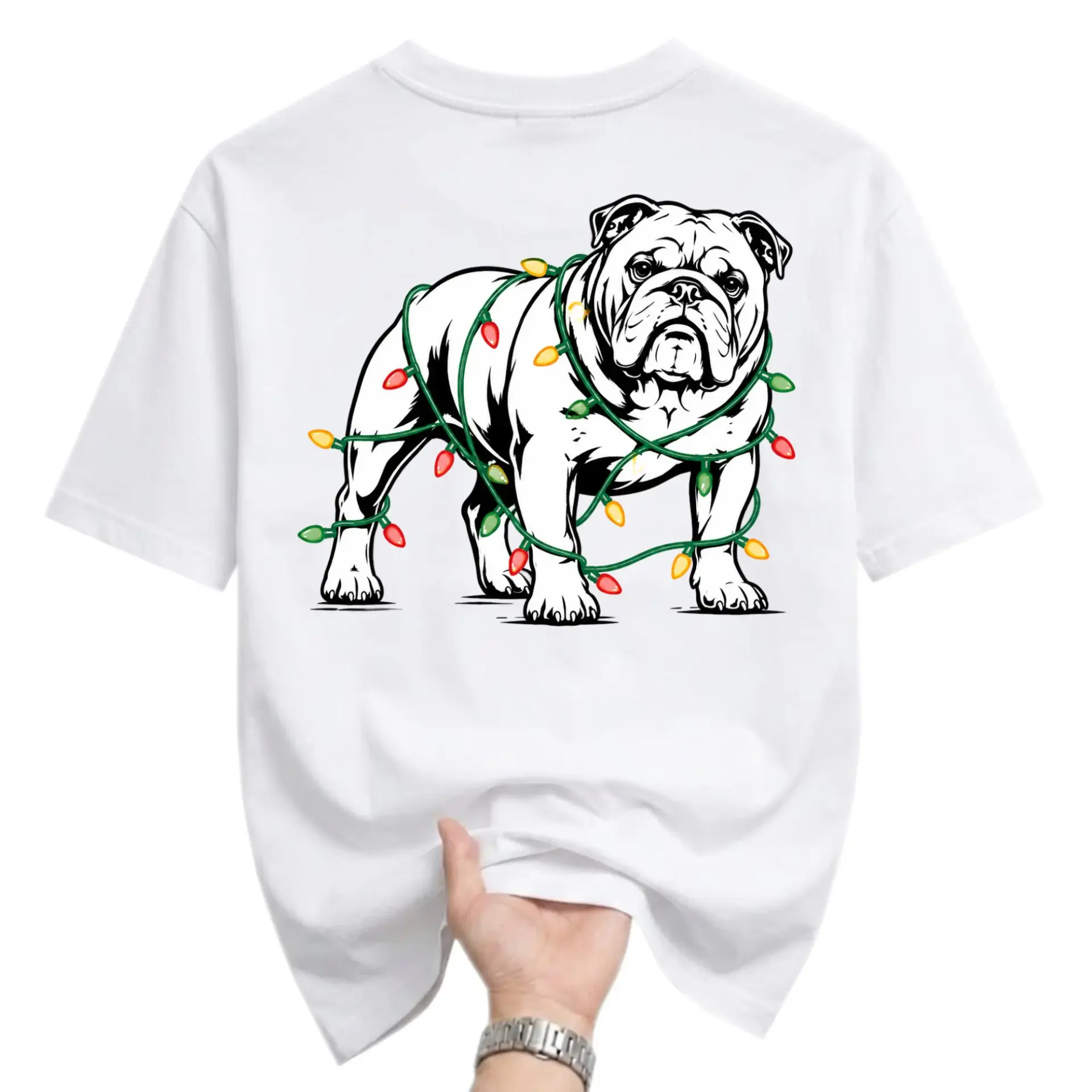 Graphic Tee Wrapped in Colorful Holiday Christmas Lights Illustration