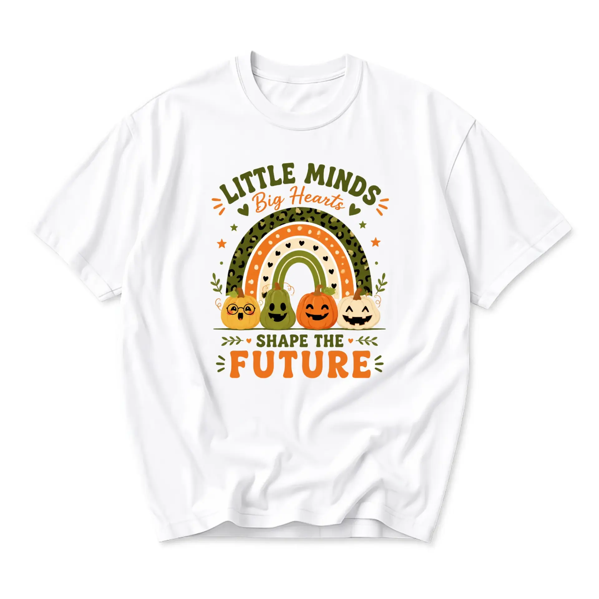 Graphic Tee Little Minds Big Hearts Pumpkin Rainbow Unisex Crew Neck Casual Everyday Wear Soft Cotton Shirt Top