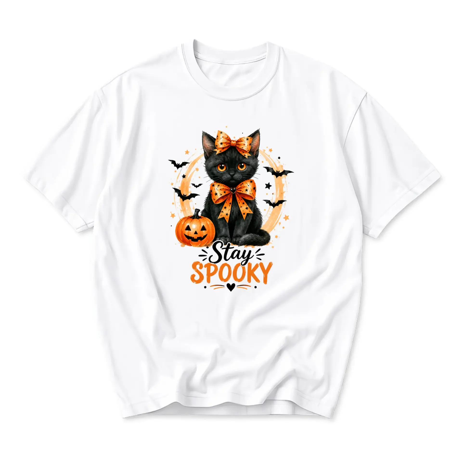 Graphic Tee Stay Spooky Black Cat Pumpkin Halloween Shirt Cute Autumn Holiday Apparel Unisex Crew Neck Short Sleeve