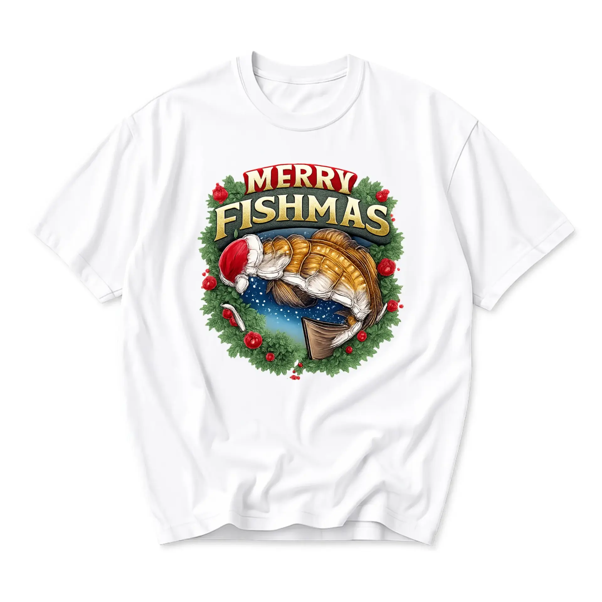 Funny Shirt Merry Fishmas Holiday Graphic Tee Featuring a Festive Fishing Theme with a Santa Hat Wearing Fish Design