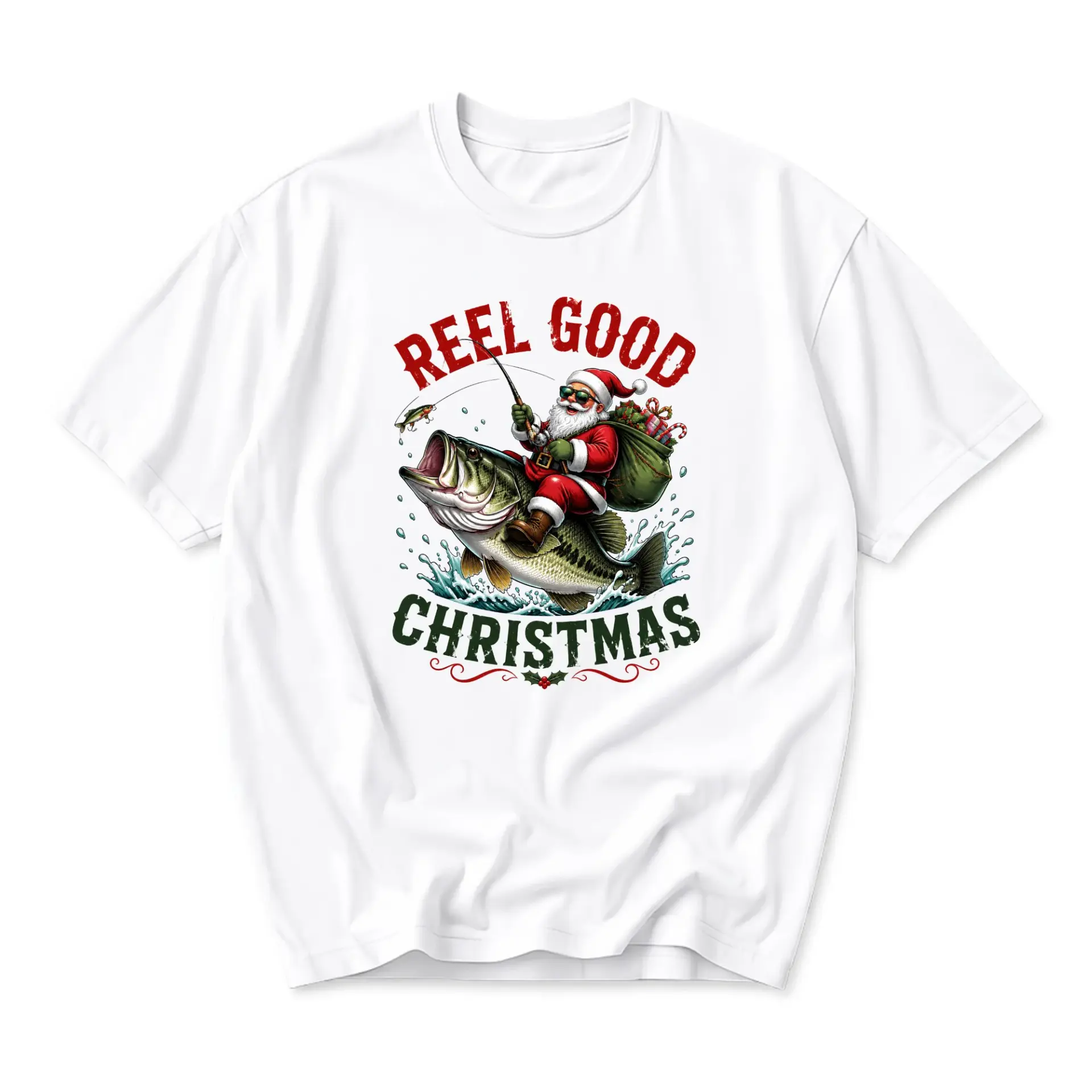 Funny Shirt Reel Good Christmas Santa Fishing Graphic Tee Unisex Cotton Crew Neck Holiday Seasonal Apparel White Casual