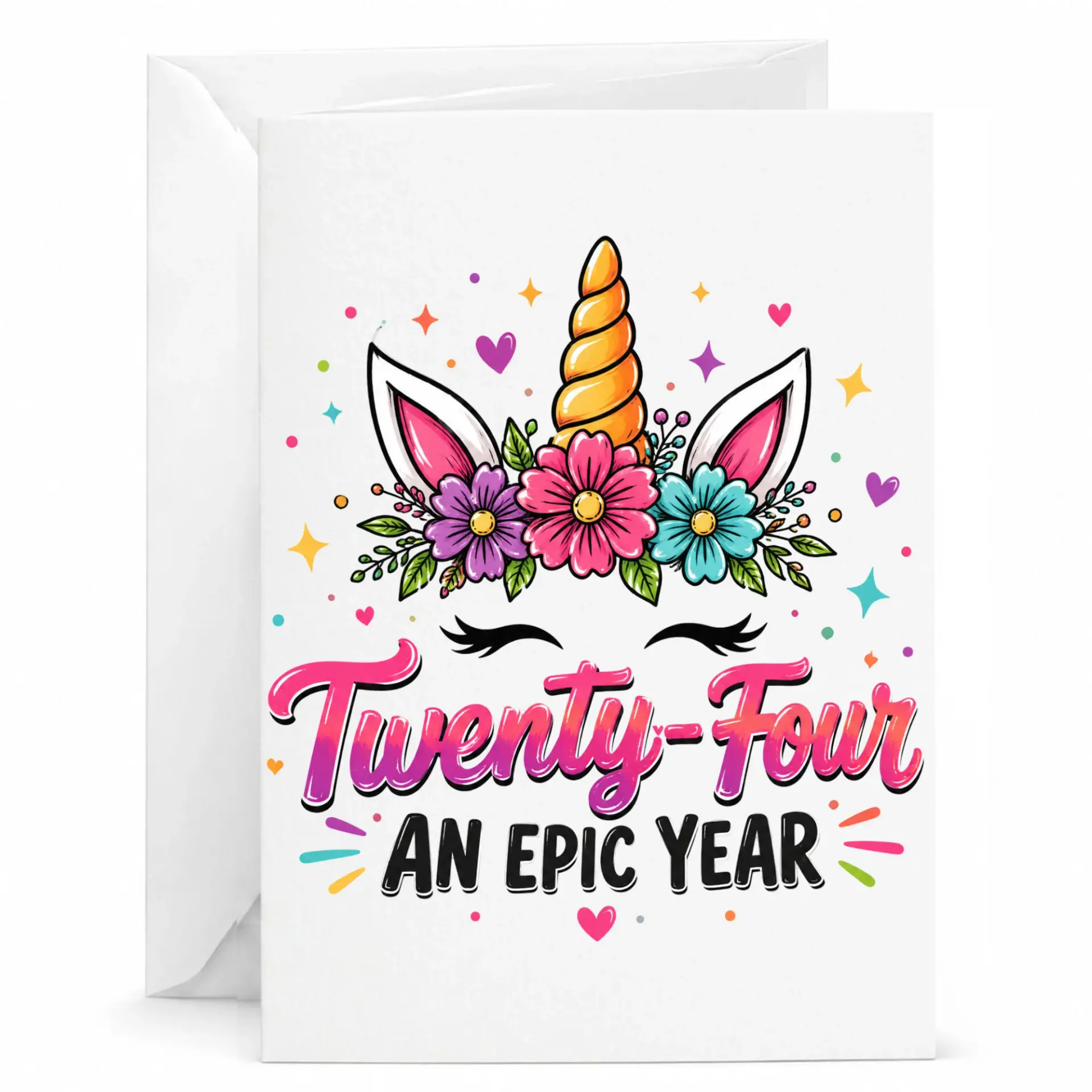 Birthday Card Twenty-Four an Epic Year Floral Unicorn Design Whimsical Greeting Card with Envelope for Celebration