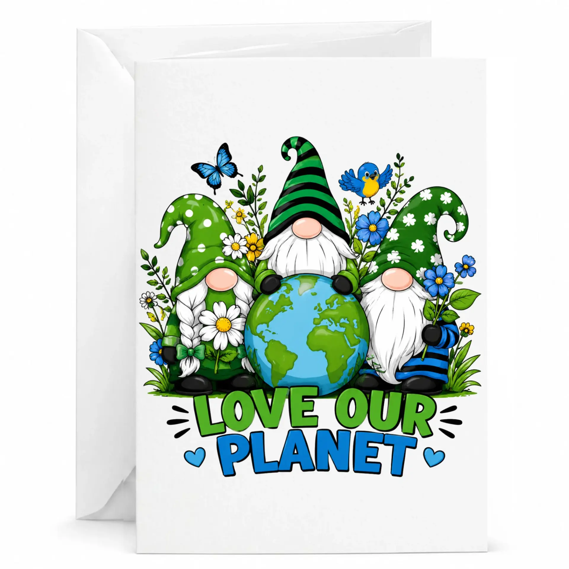 Love Our Planet Greeting Card with Earth Day Gnome Illustration and Colorful Nature Inspired Artwork Design