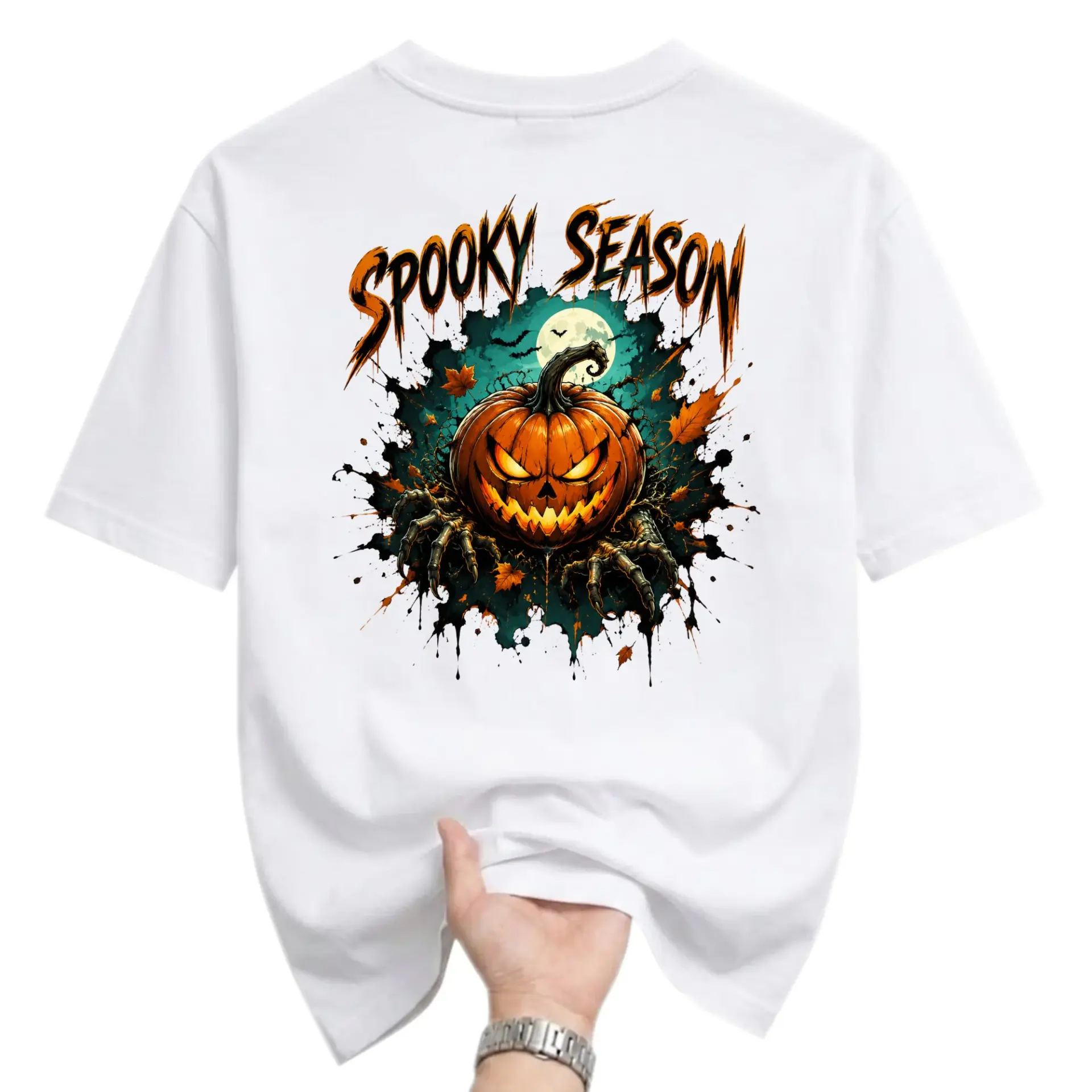 Graphic Tee Spooky Season Pumpkin Halloween Unisex Short Sleeve Crew Neck Cotton Casual Everyday Apparel White Shirt