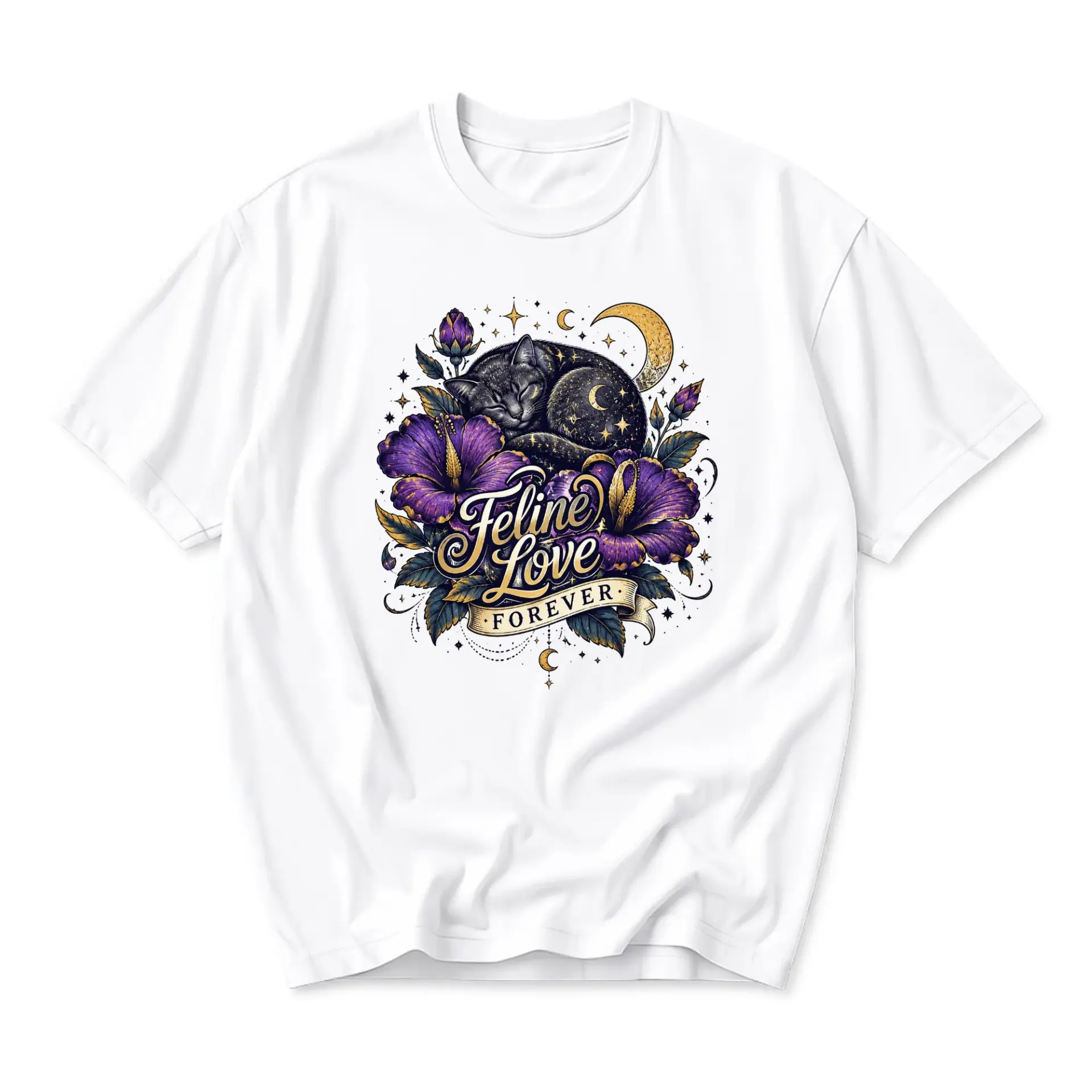 Graphic Tee Feline Love Forever Celestial Cat and Flower Art Printed Unisex Crew Neck Casual Cotton Blend Short Sleeve