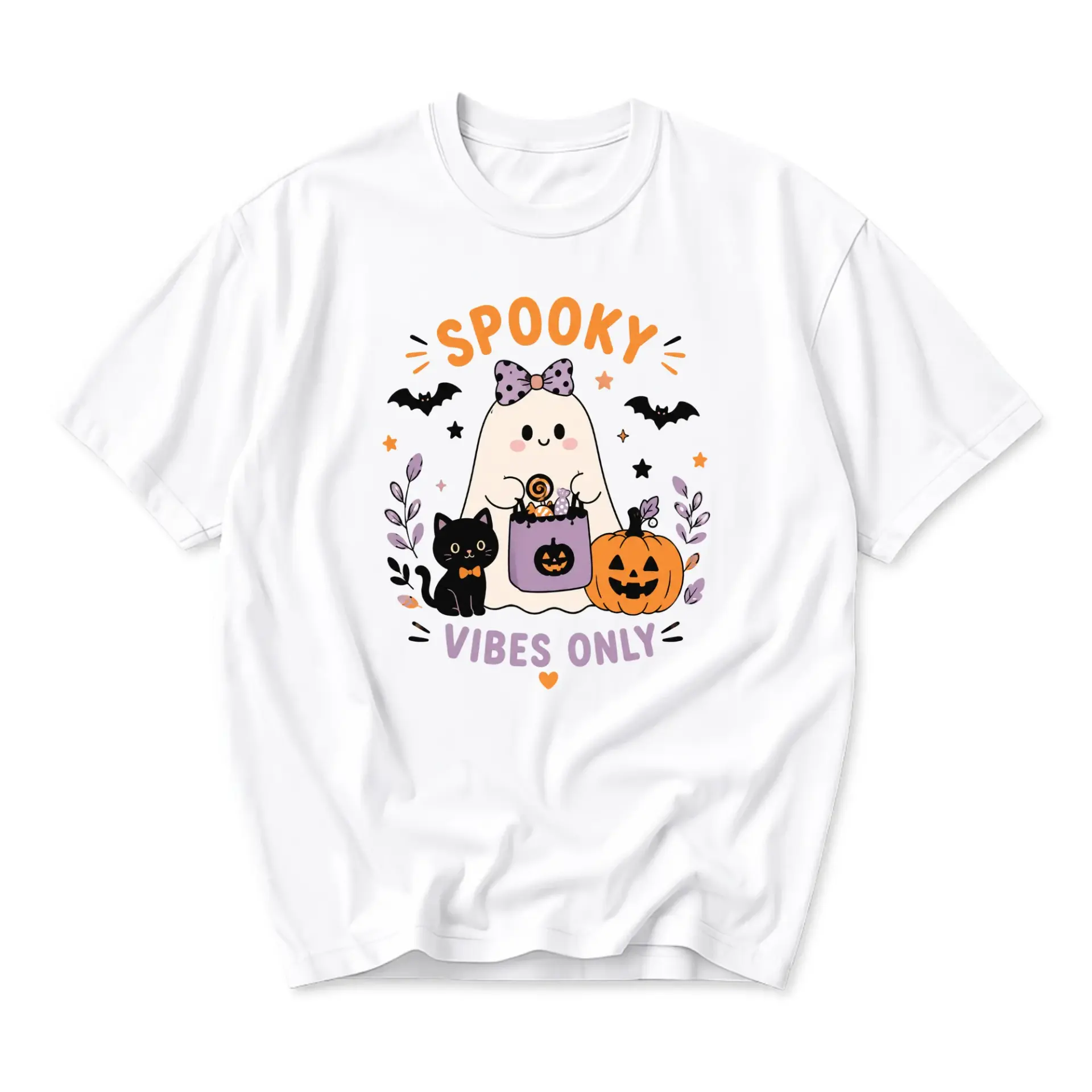 Graphic Tee Spooky Vibes Only Shirt Cute Ghost Cat Pumpkin Halloween Design Unisex Crew Neck Short Sleeve Top