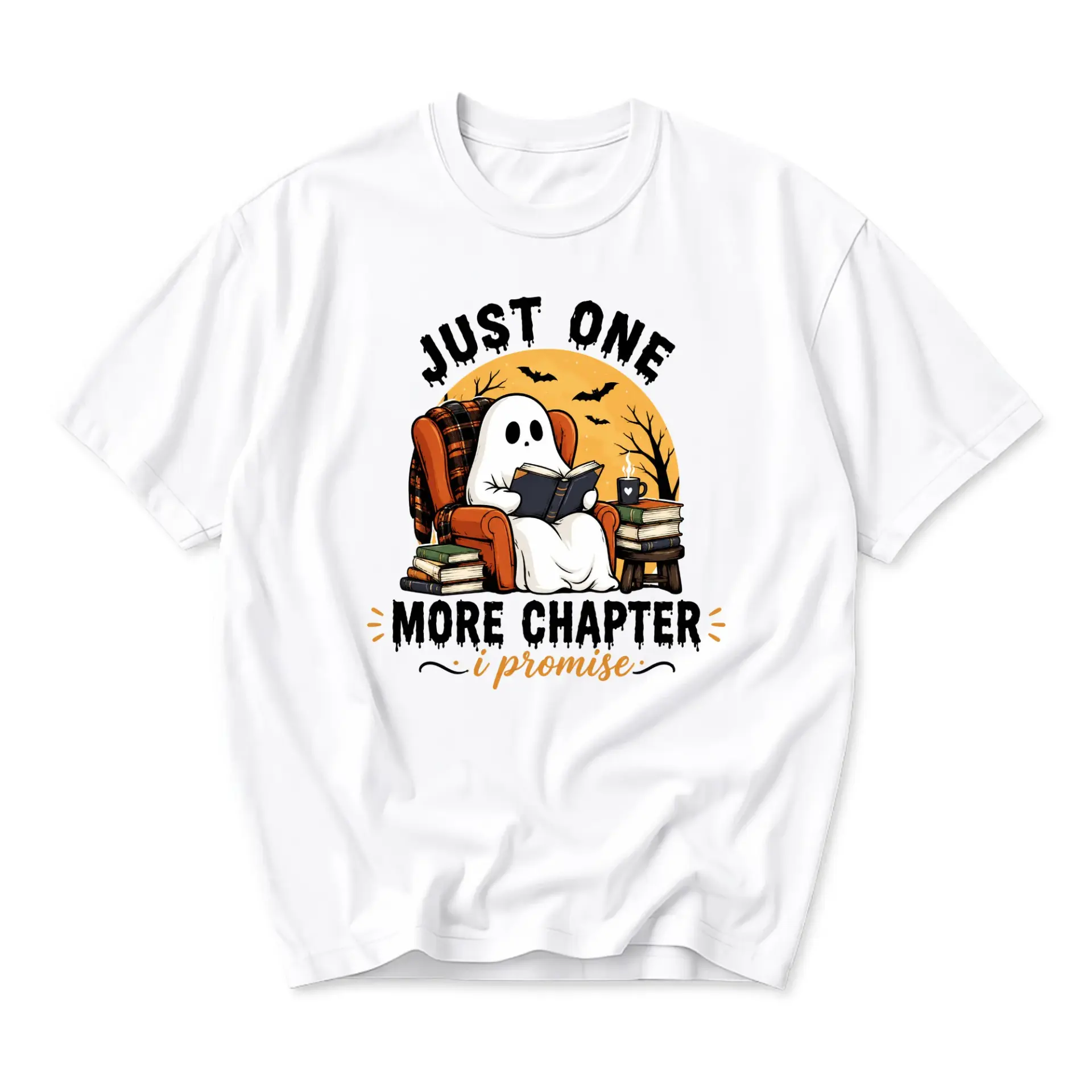 Graphic Tee Unisex Crew Neck Short Sleeve Shirt Featuring Cute Ghost Reading Book Design for Casual Everyday Outfits
