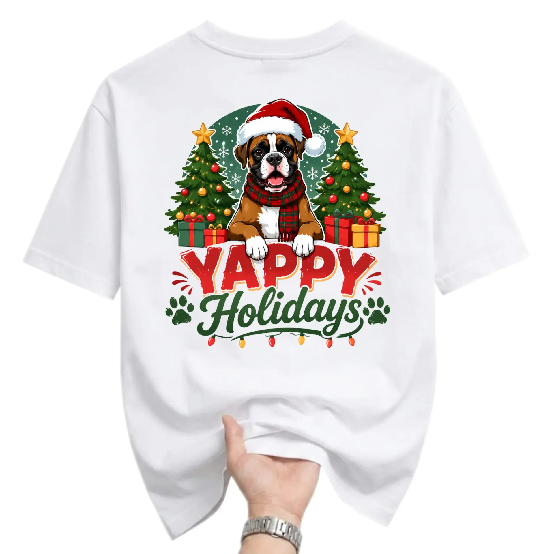 Funny Shirt Yappy Holidays Boxer Dog Christmas Graphic Tee Unisex Crew Neck Short Sleeve Casual Cotton Blend Apparel