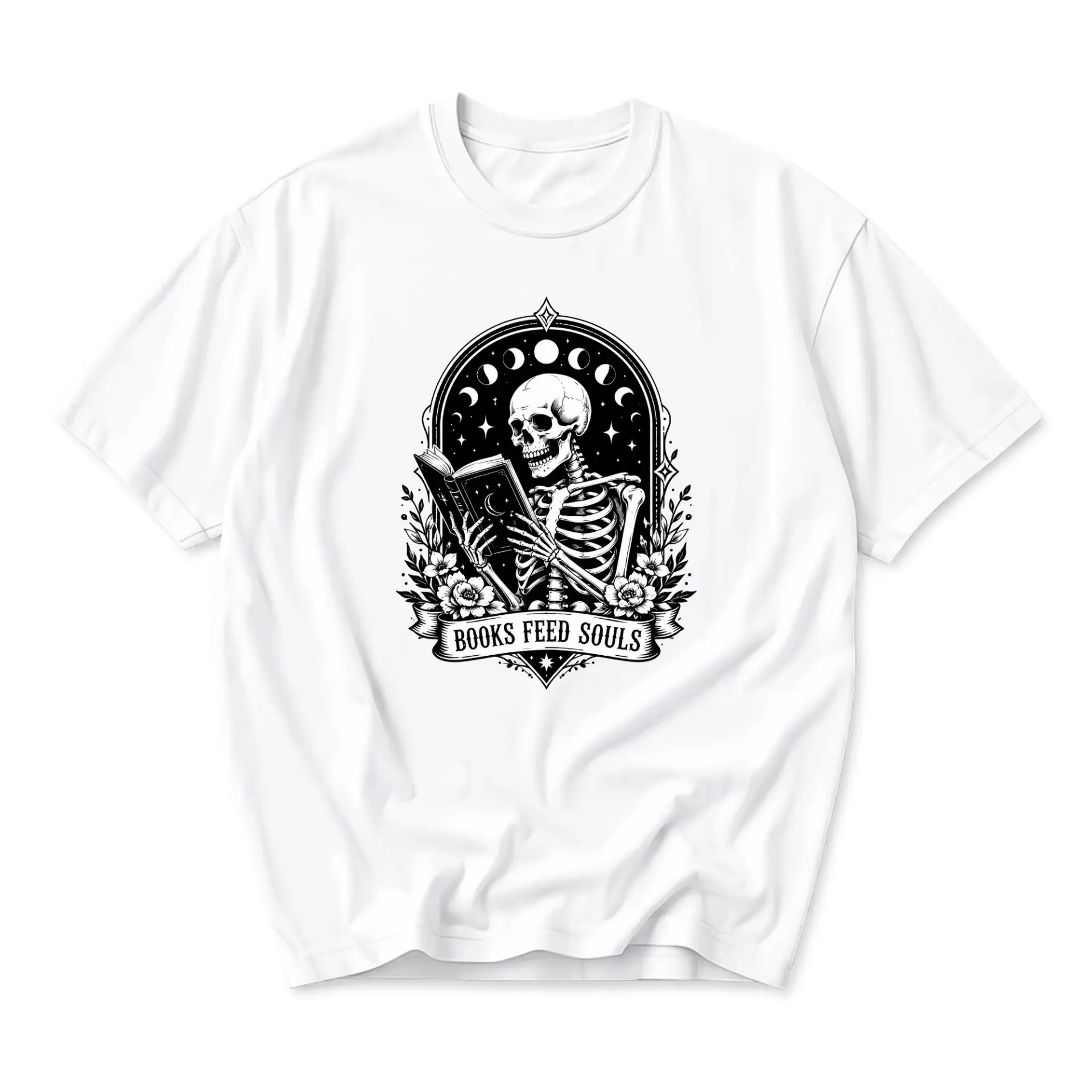 Graphic Tee Books Feed Souls Skeleton Reading Book Illustration Unisex Cotton Crew Neck Short Sleeve Casual Shirt